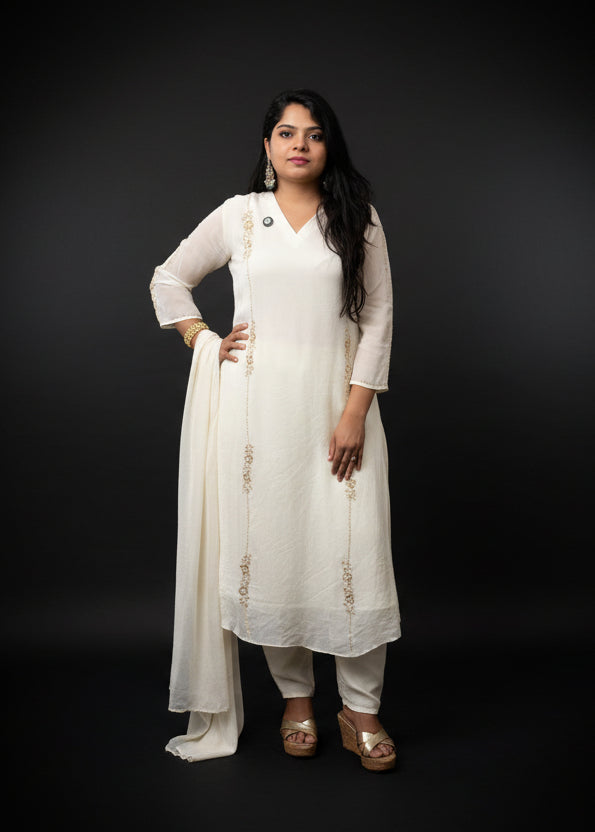 White Anarkali Chinnon Handwork Kurtha 369