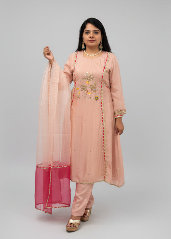 Baby Pink Shimmer Hand Embroidery Kurtha 151