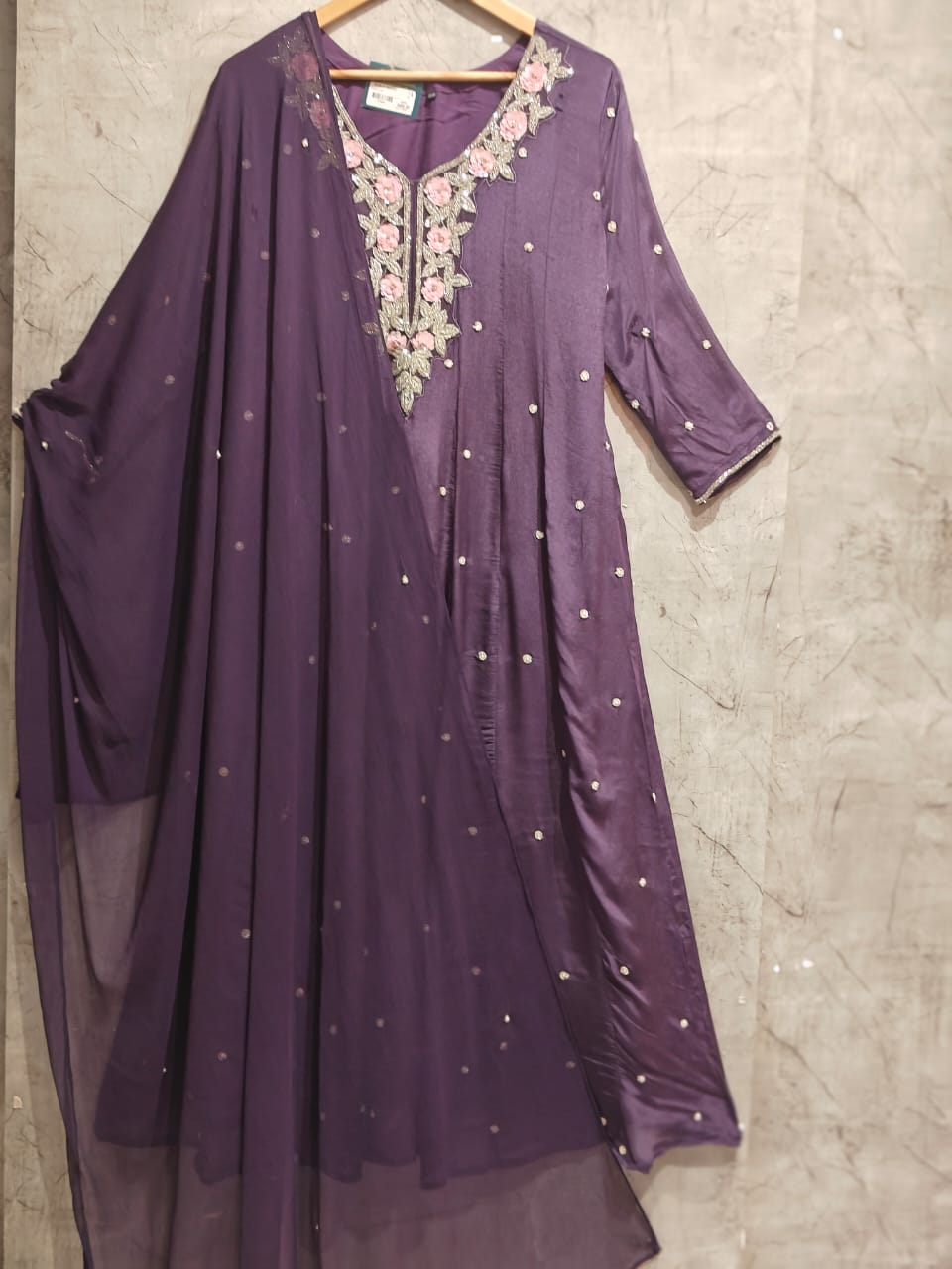 Purple Anarkali Chinnon Hand Embroidery Kurtha 567