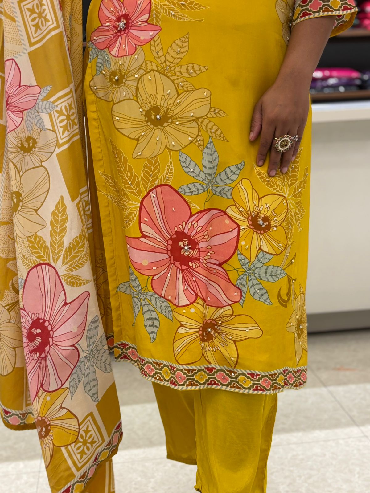 Yellow Digital Print Handwork Crepe Kurtha 533