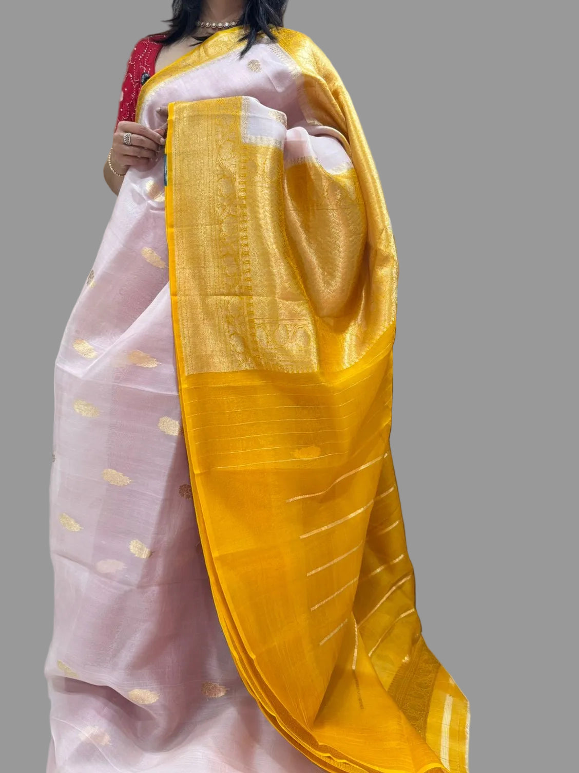 Peach n yellow pure kora organza 12 saree