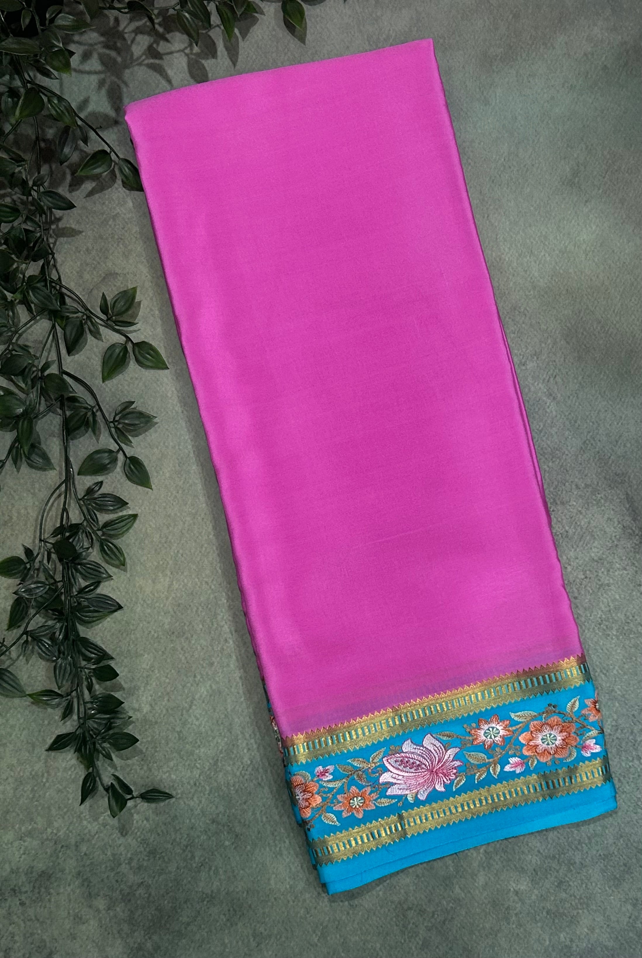 Pastel  pink n sky blue embroidered pure mysore crepe-12 silk saree