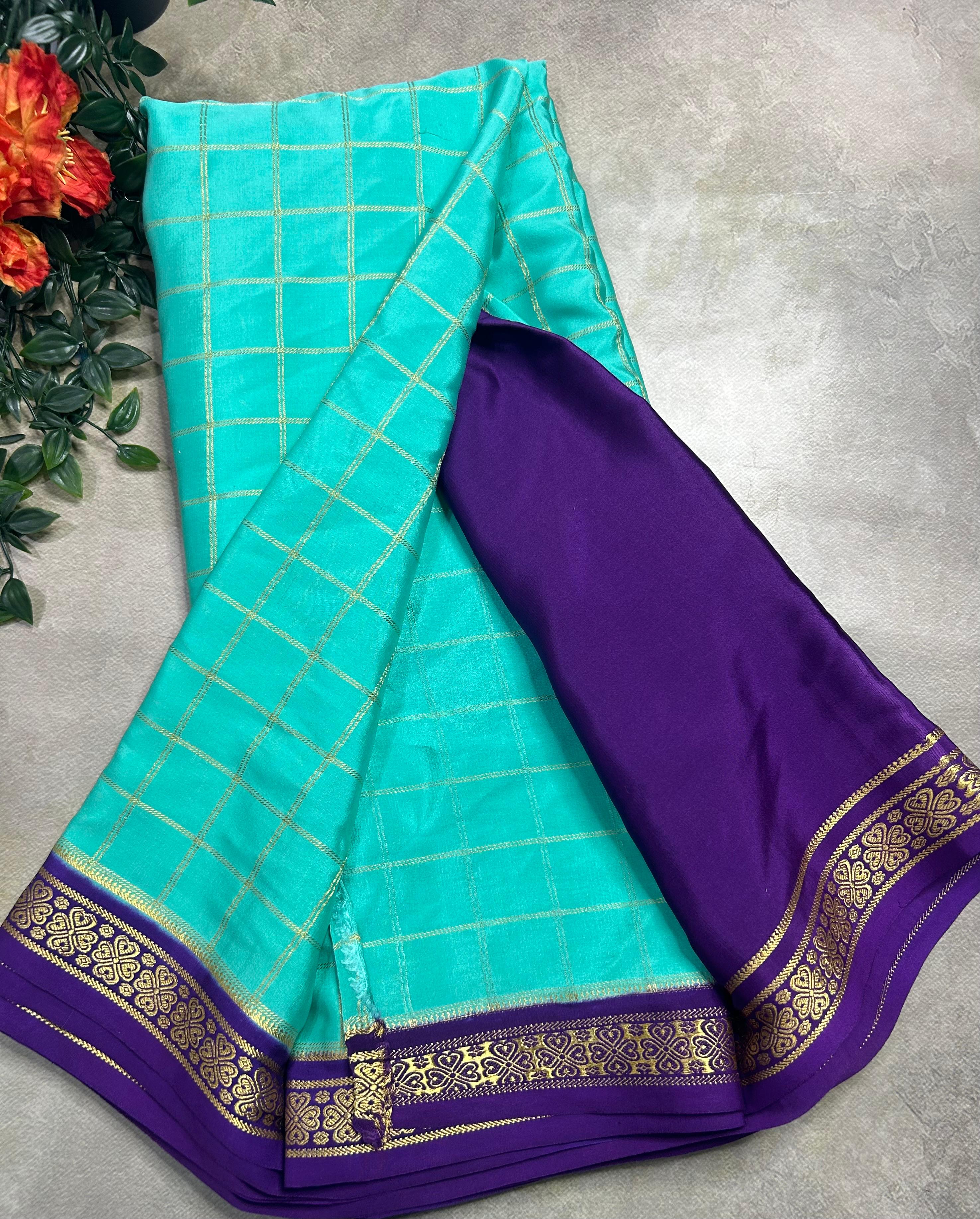 Light rama green checks pure css zari Mysore silk 105 saree