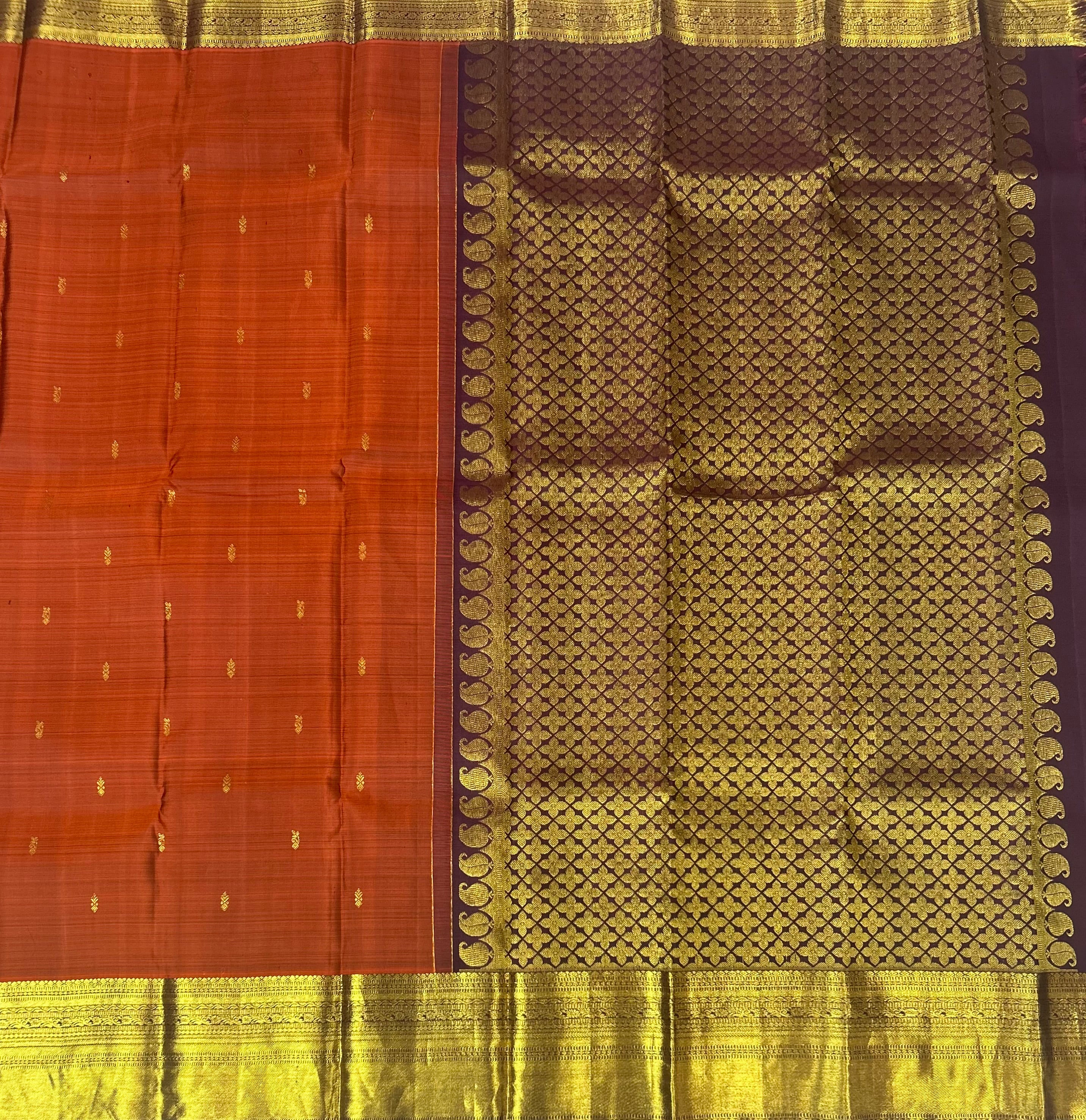 Rust orange n brown pure Kanchipuram silk saree