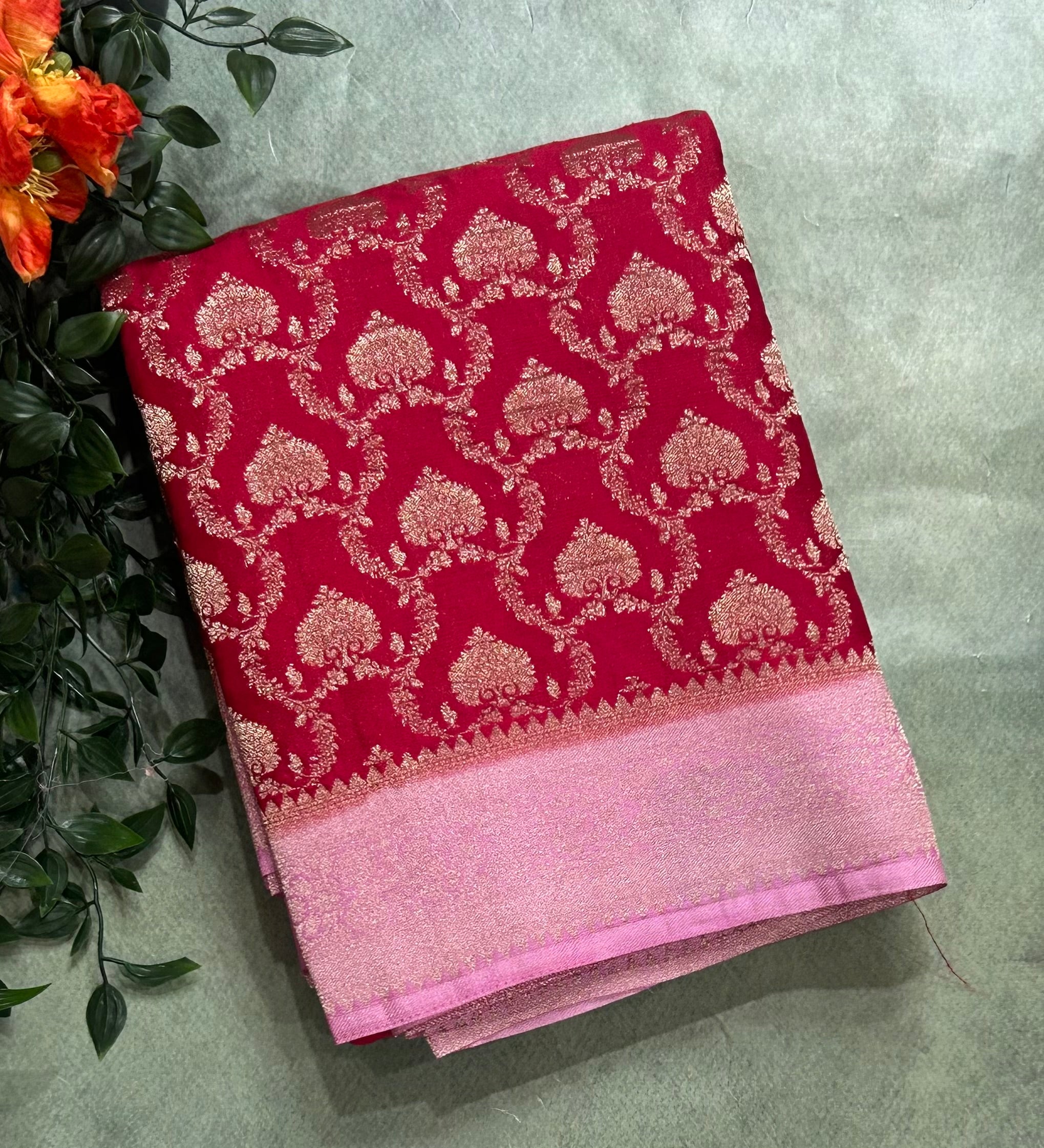 Pinkish red  contrast Jaal brocade semi georgette 104 saree