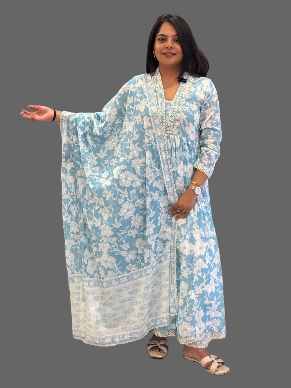 “Naya” Sky blue Mul Cotton 3pcs Kurtha suit with block prints and embroidery 242