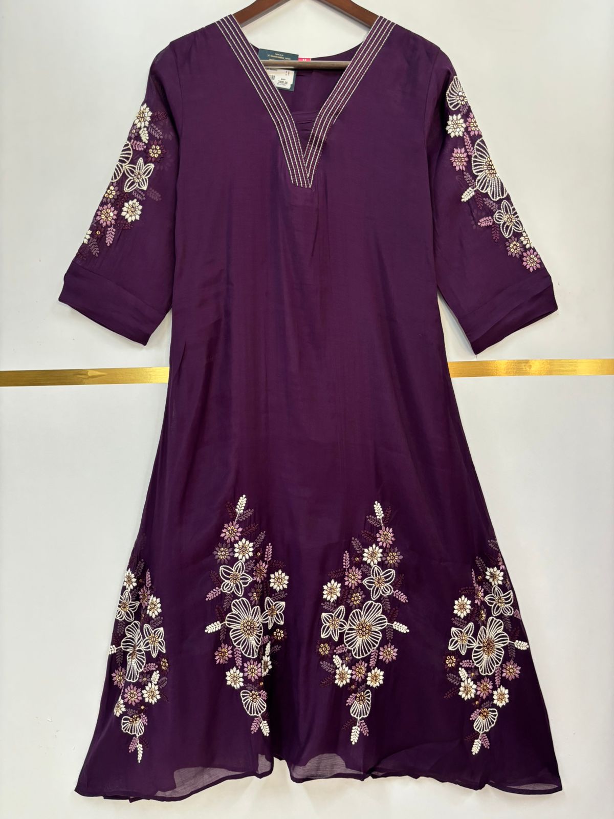 Purple Mul Chanderi Thread Embroidery Airline Kurtha 439