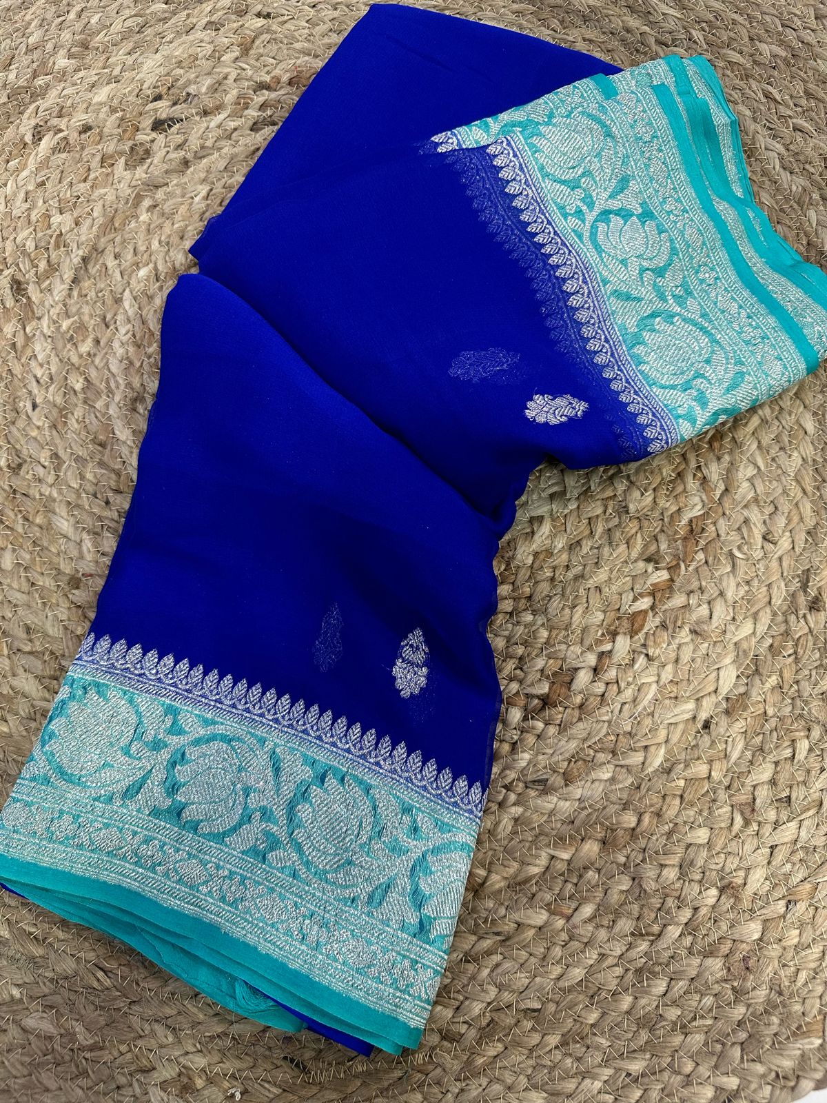 Blue with sky blue benarasi pure chiffon saree