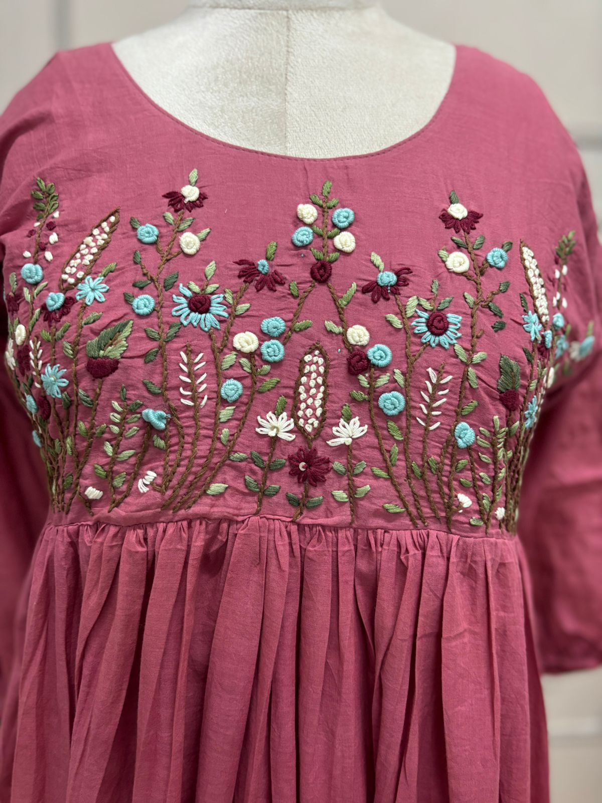 Onion Pink Mul Chandheri Thread Embroidery Frocks Kurtha 372