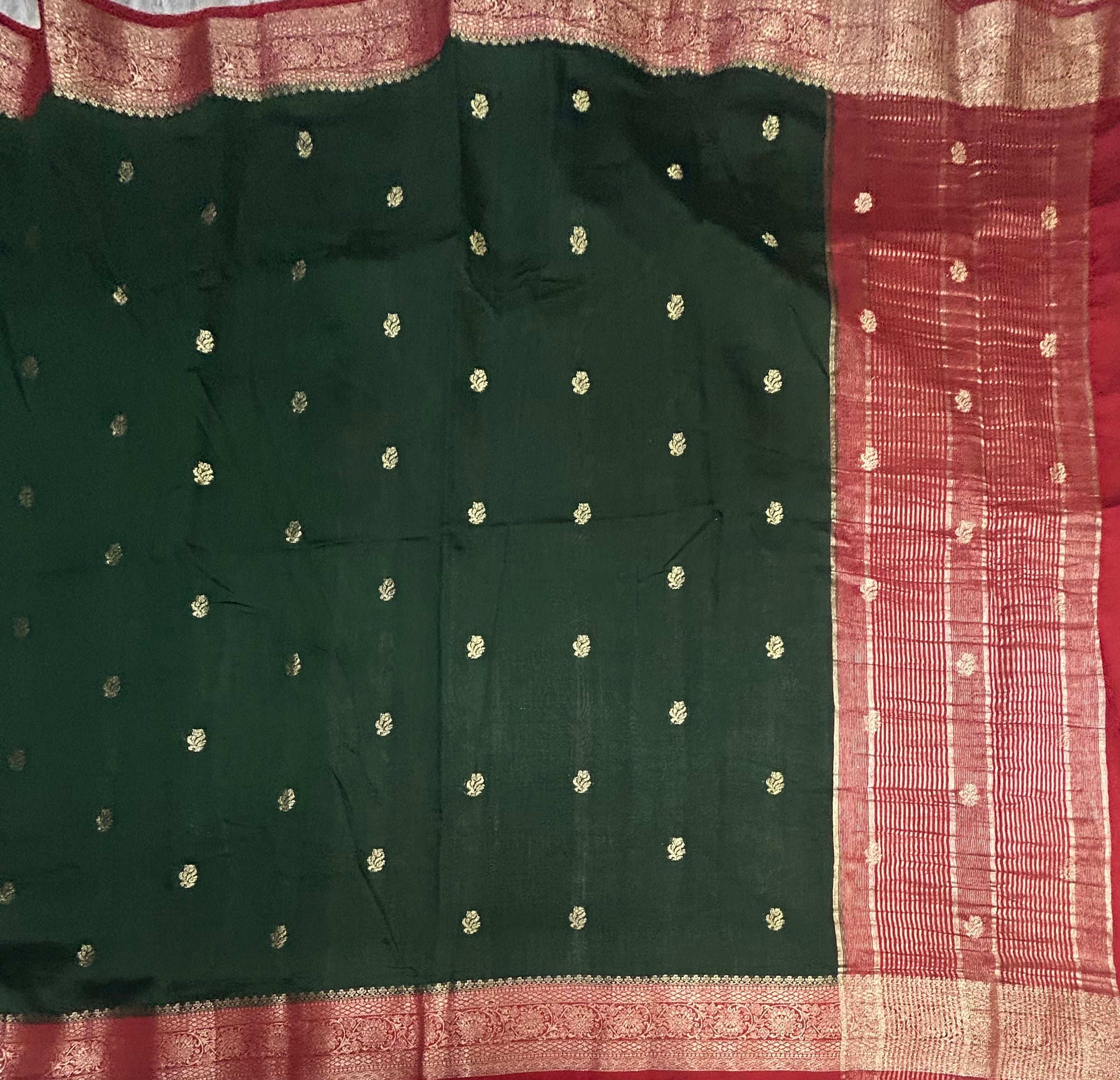 Bottle green n red small border soft Tussar crepe saree