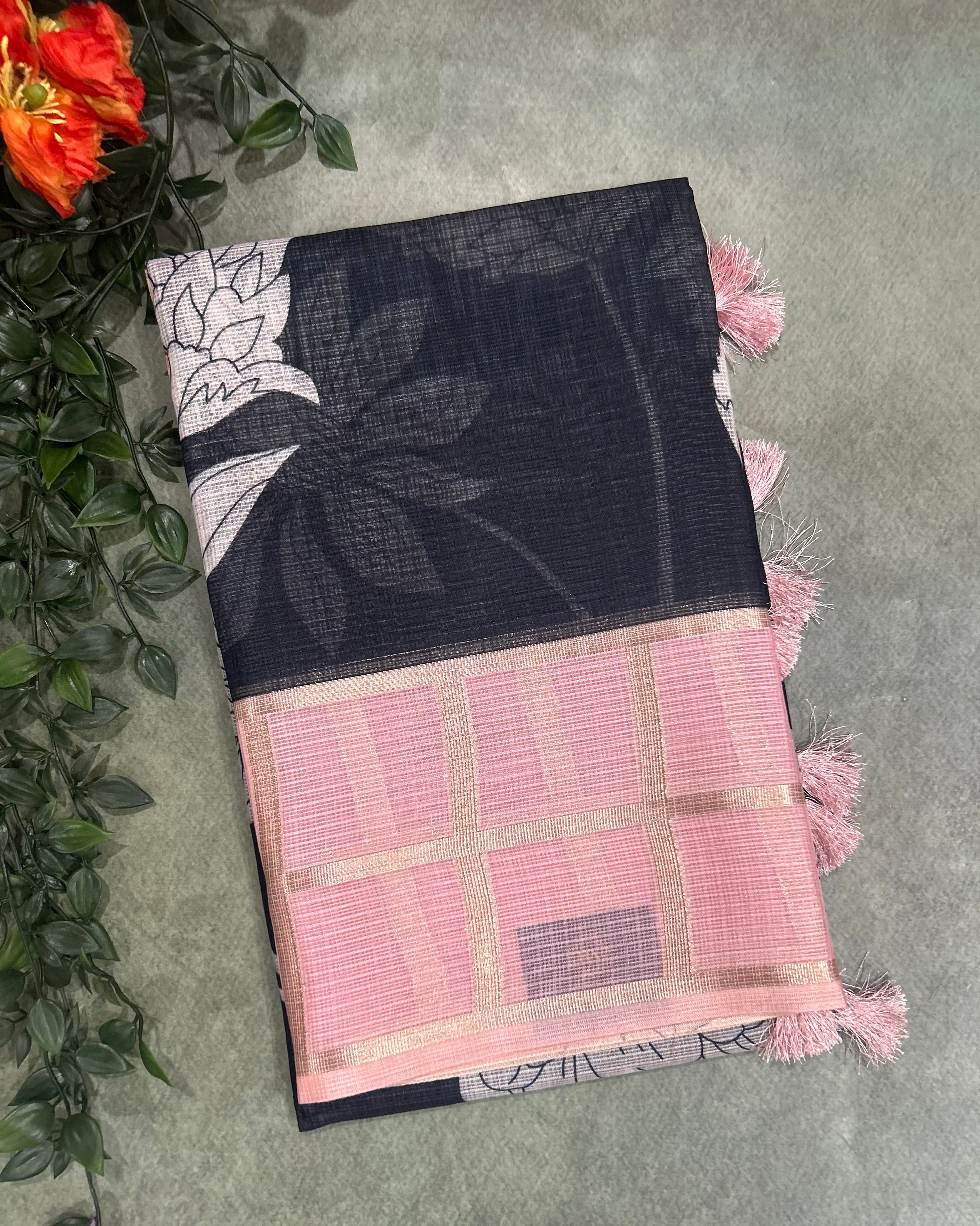 Black n pink Kota checks 103 saree