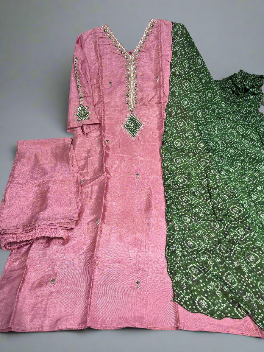 Baby Pink and Green dola  handwork Designer kurtha with Bandini Dupatta