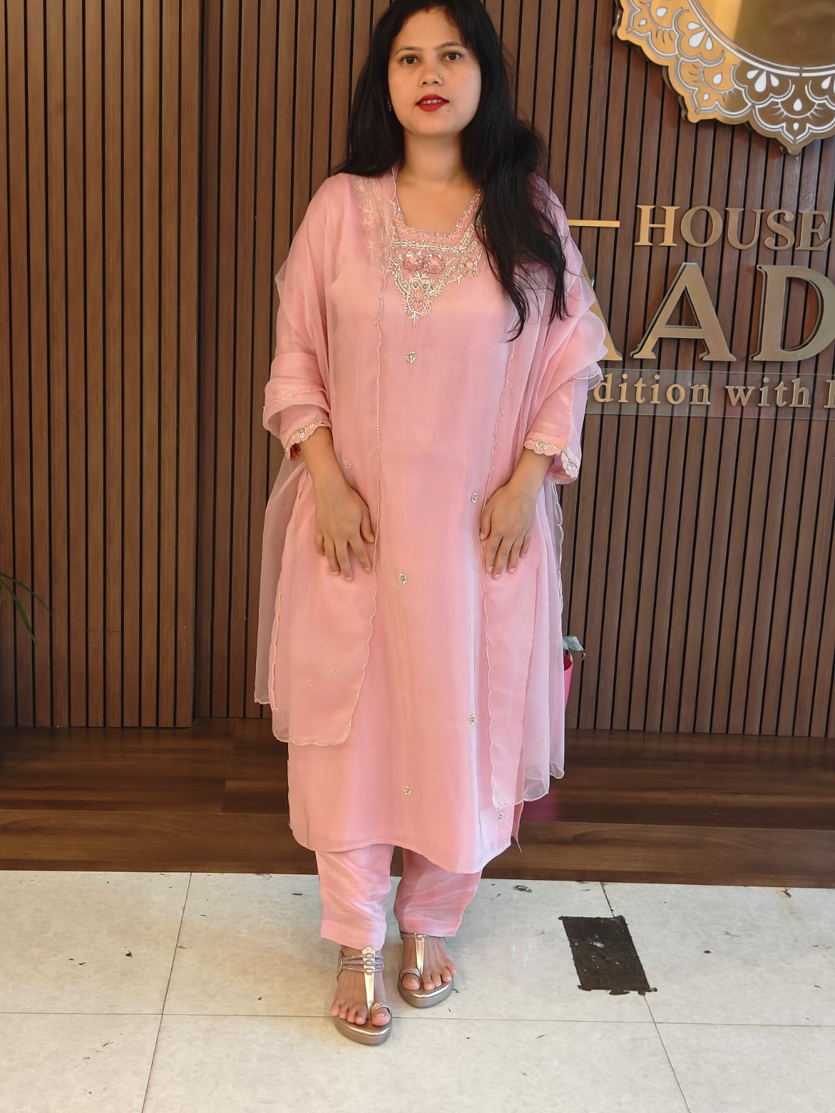 "Chandini" Baby Pink Tissue Shimmer Kurtha with heavy handwork on Sleeves- Plus Size