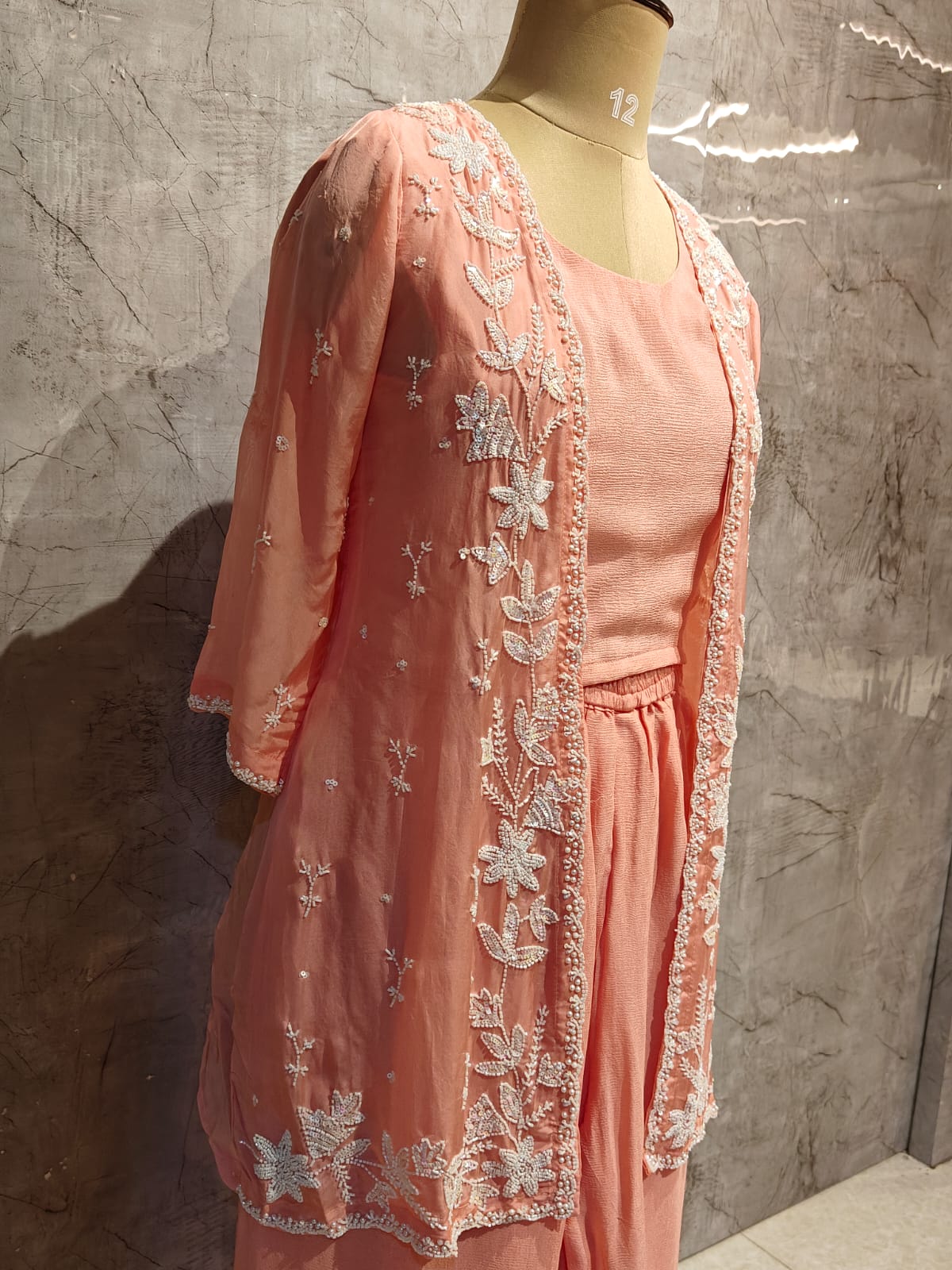 "PARI" Peach Designer Kurtha 43 Set with pearl handwork   Top, Palazoo and Jacket Indo-western cape