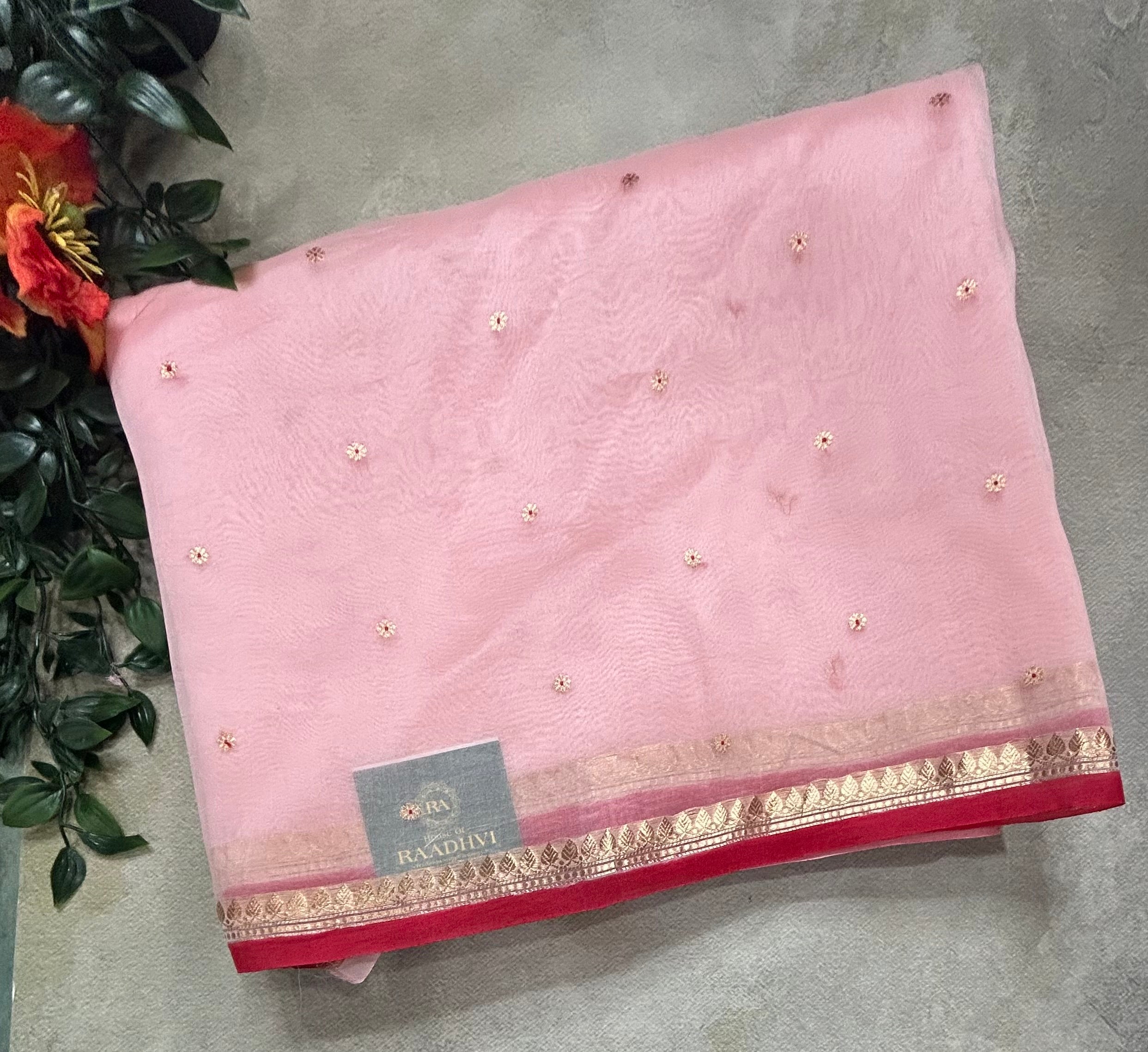 Light pink pure kora 105 organza silk saree