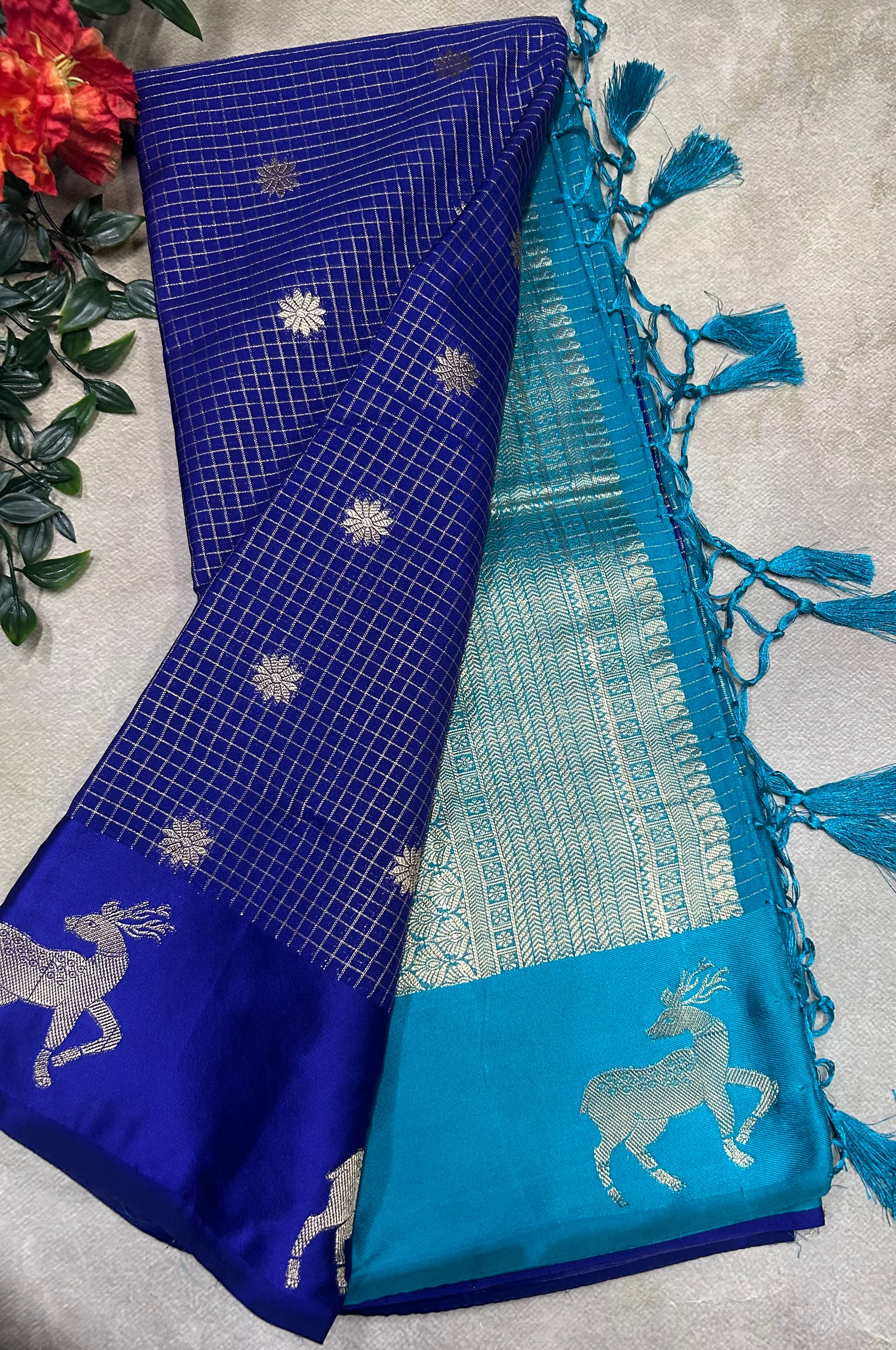 Blue small checks semi Mysore crepe saree(SMC106)