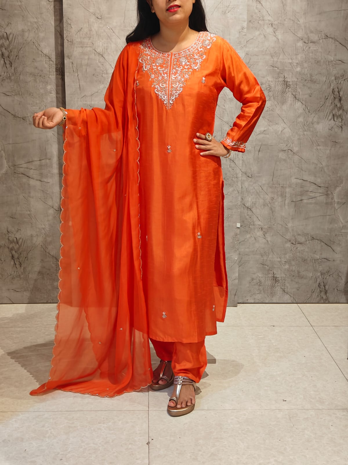 Orange Dola Silk Hand Embroidery Straight Fit Kurtha