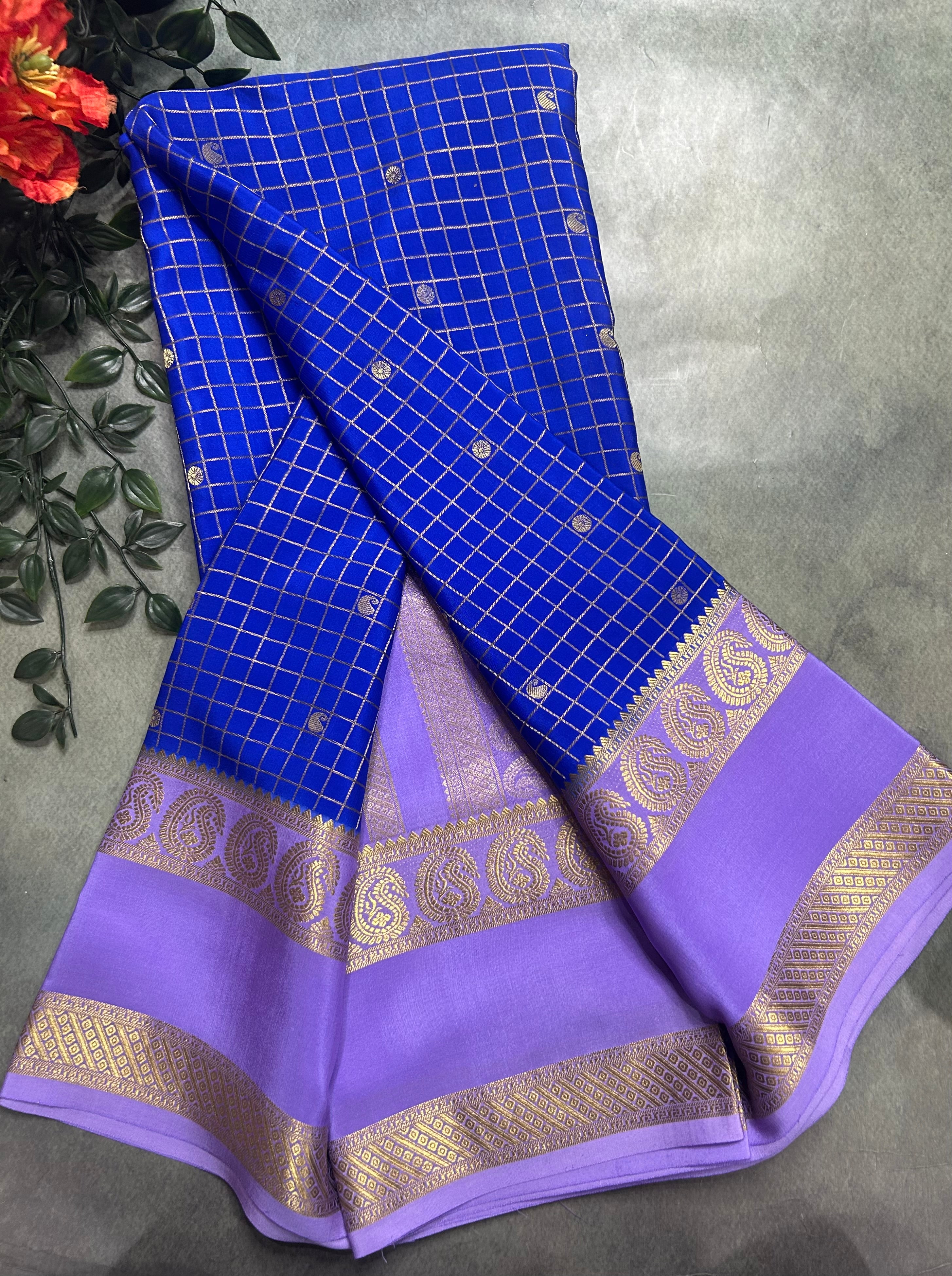Royal blue small checks pure Mysore silk 105 saree