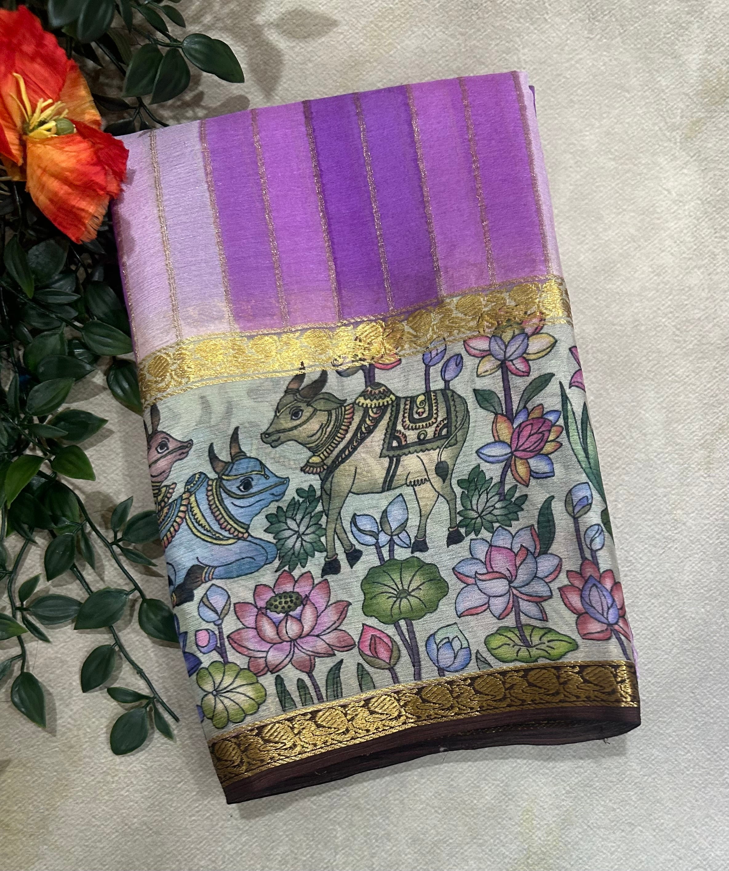 Rankart kalamkari border pure wrinkle 103 crepe silk saree