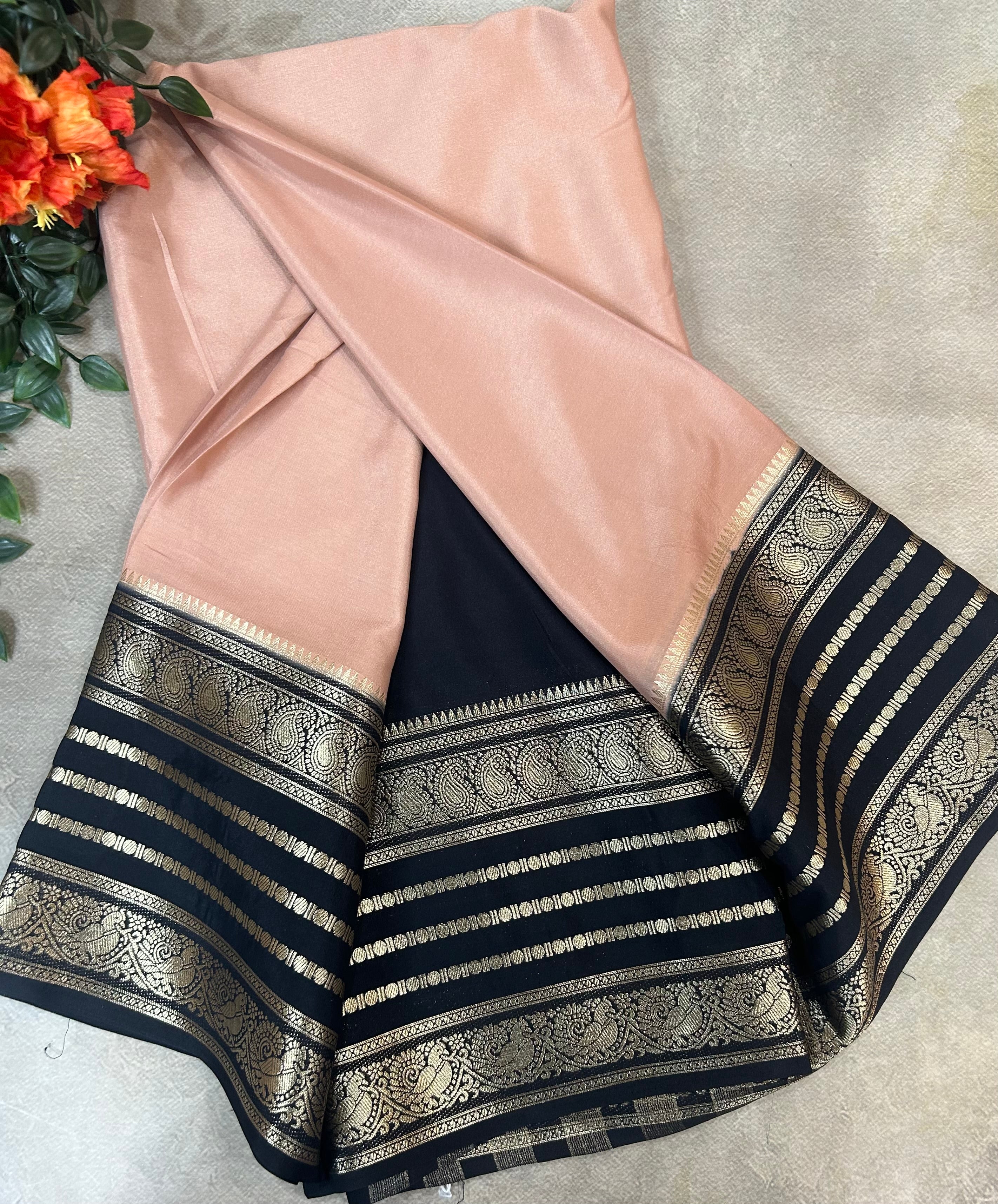 Peach stripes border semi Mysore 104 saree