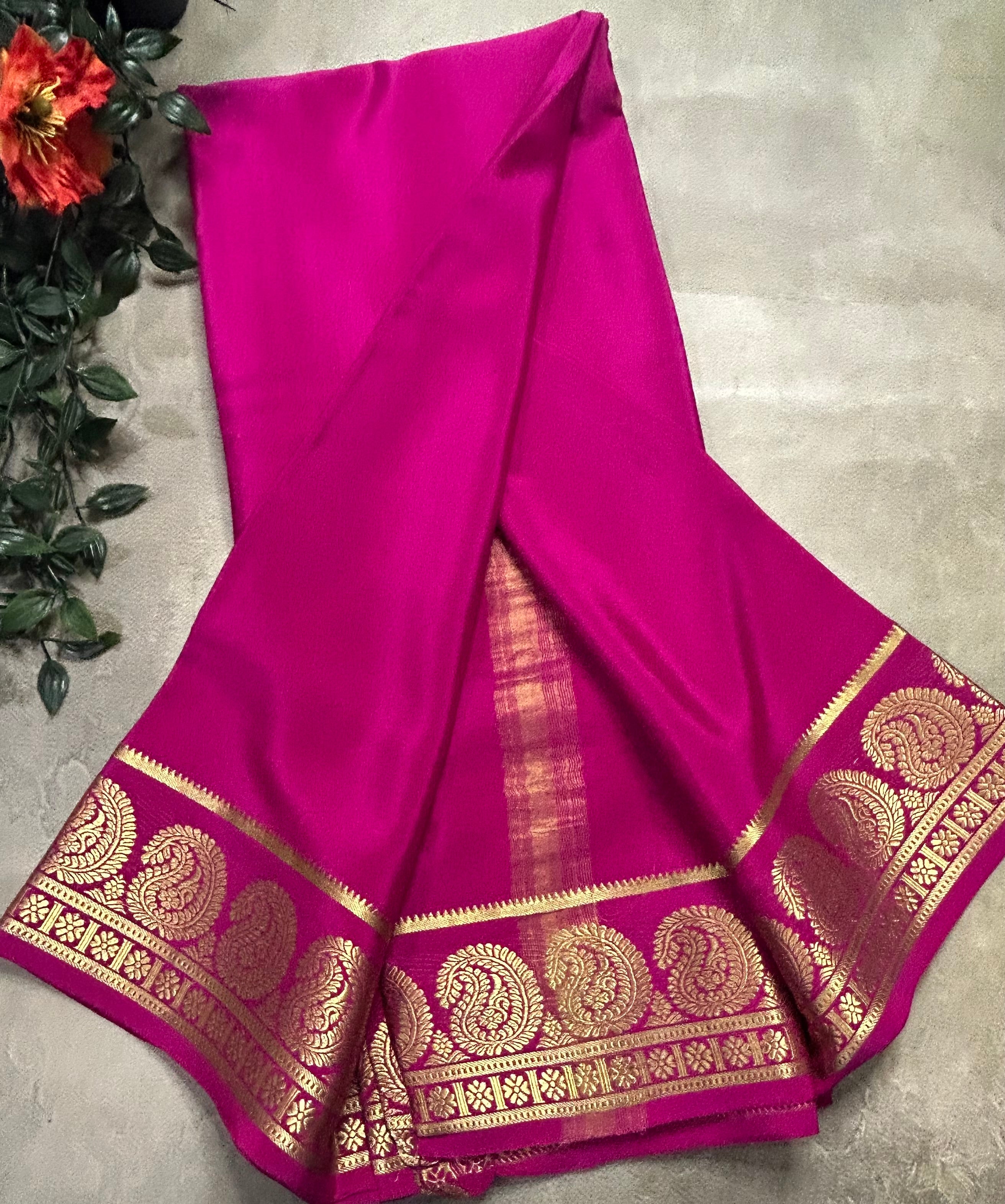 Pink plain mango border pure Mysore silk 105 saree