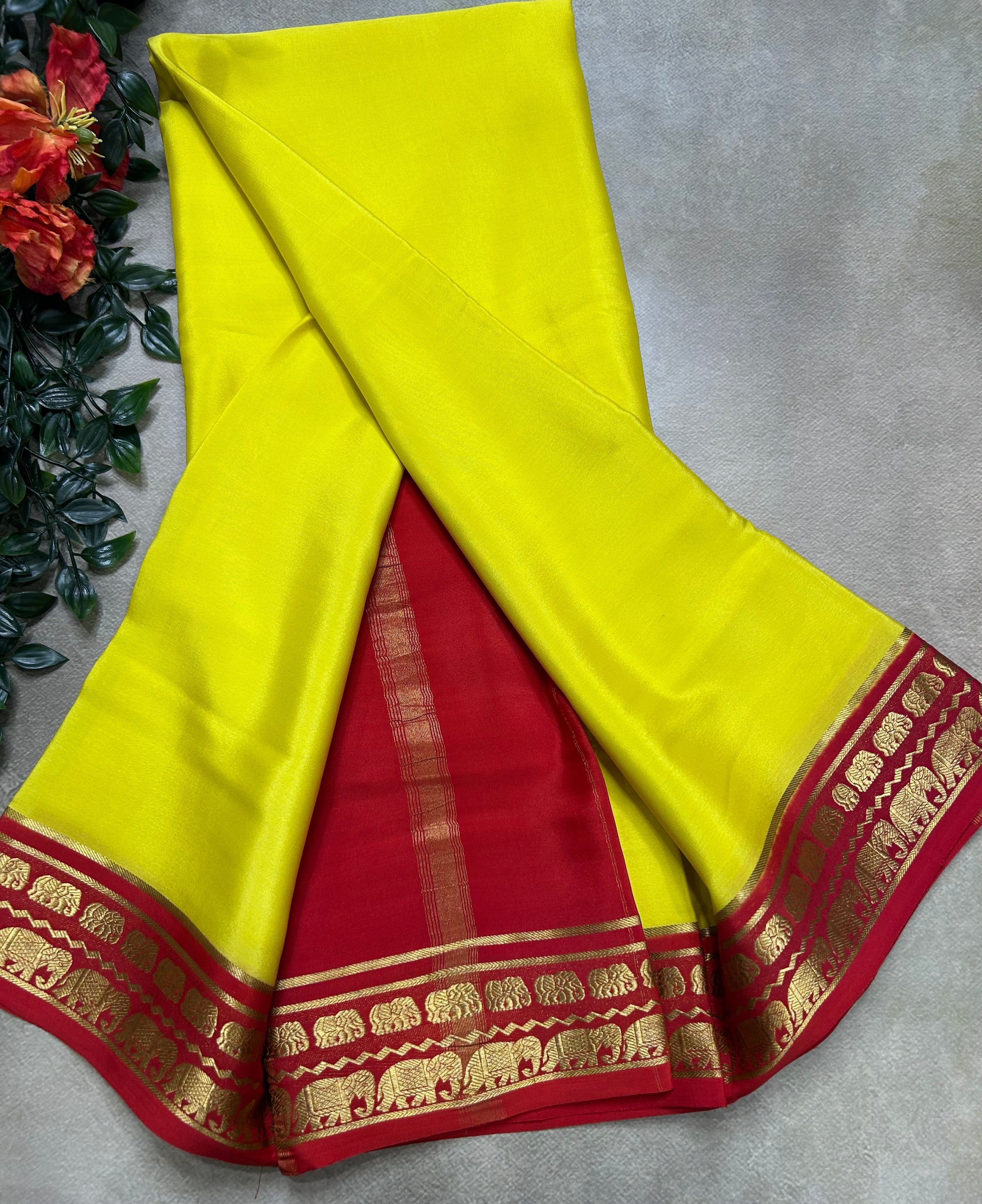 Yellow elephant small border pure mysore silk saree(YMS106)
