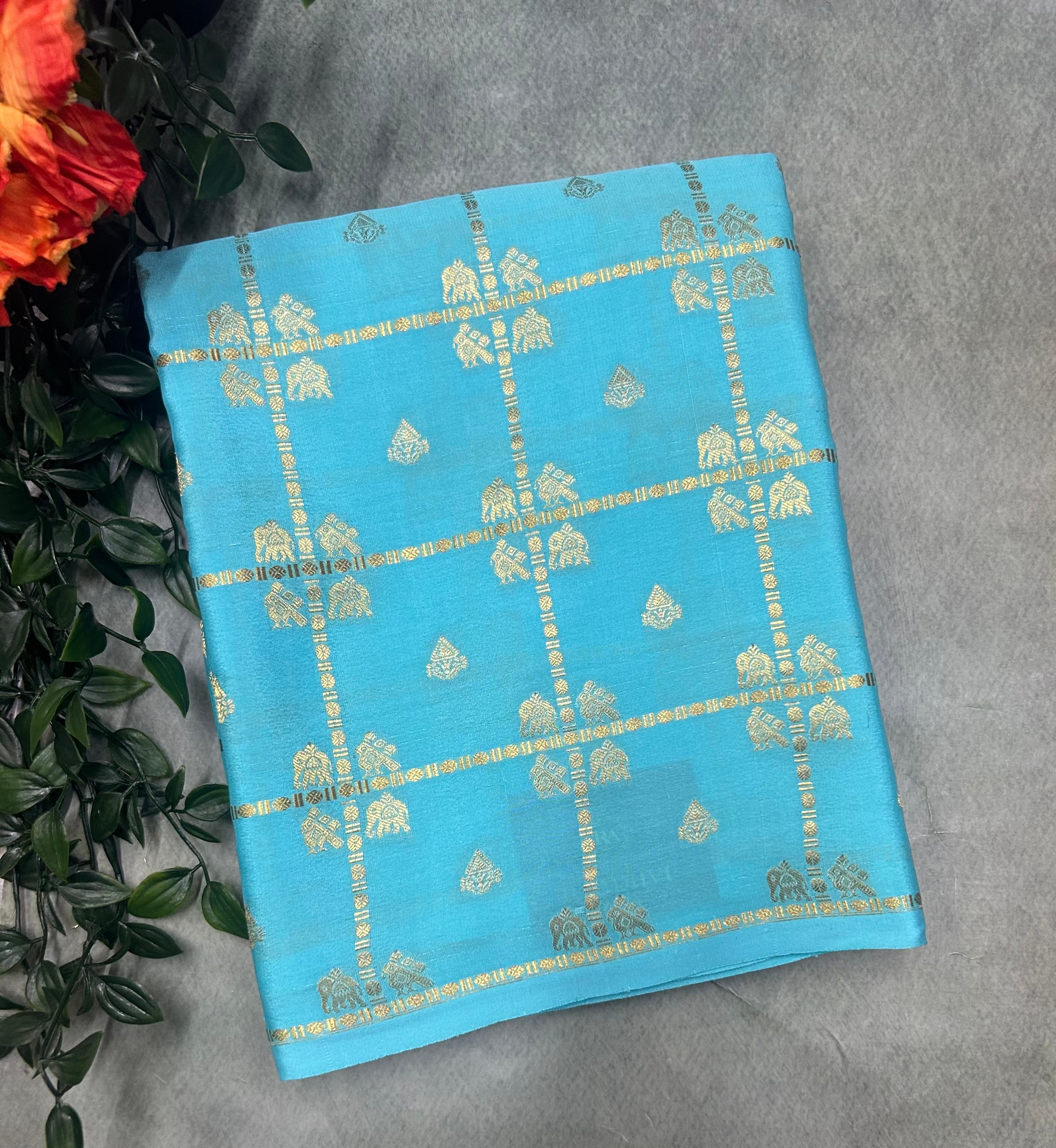 Sky blue contrast checks borderless pure mysore silk-102 saree