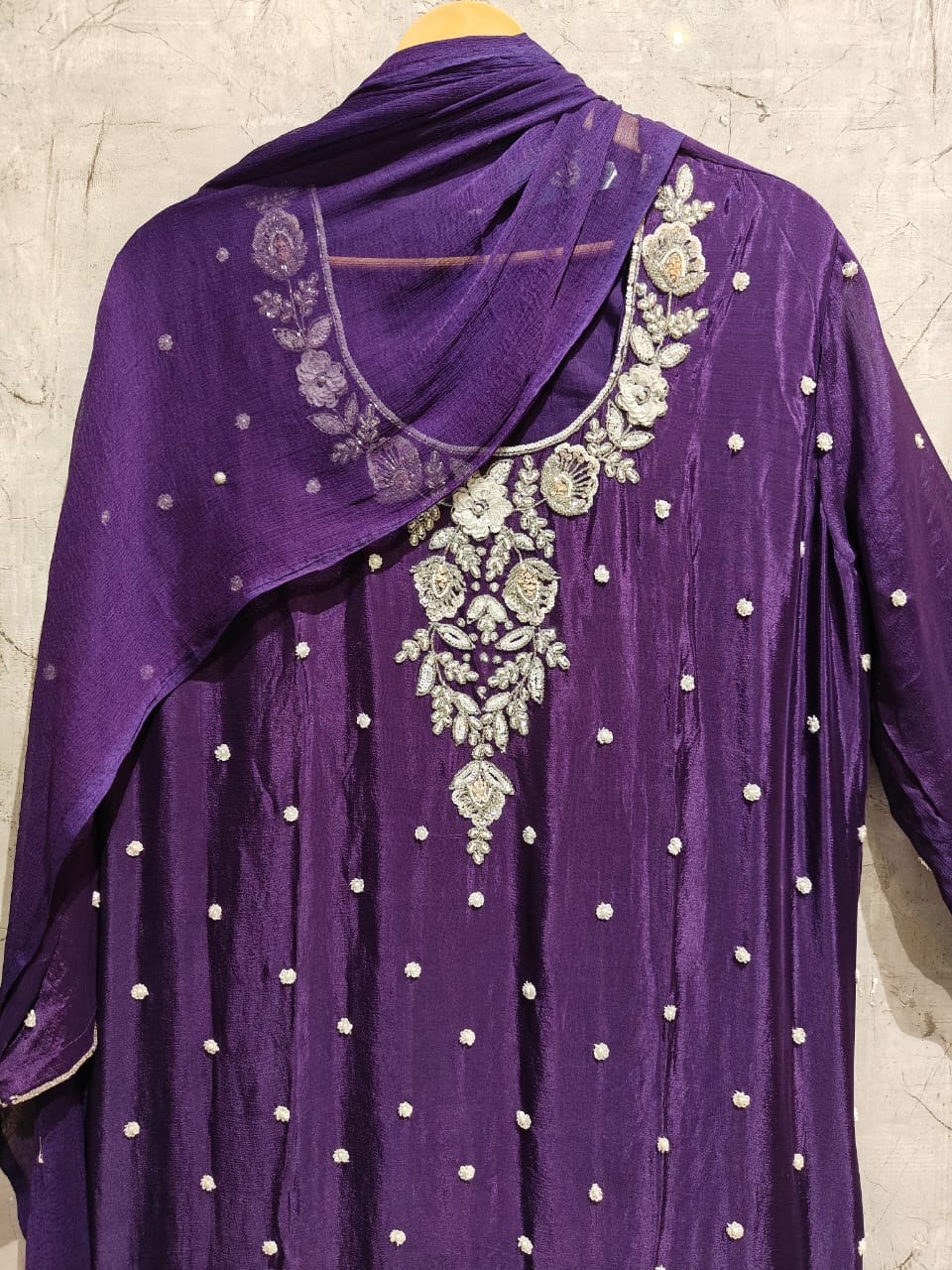 Purple Chinnon partyware heavy embroidery  Kurtha set