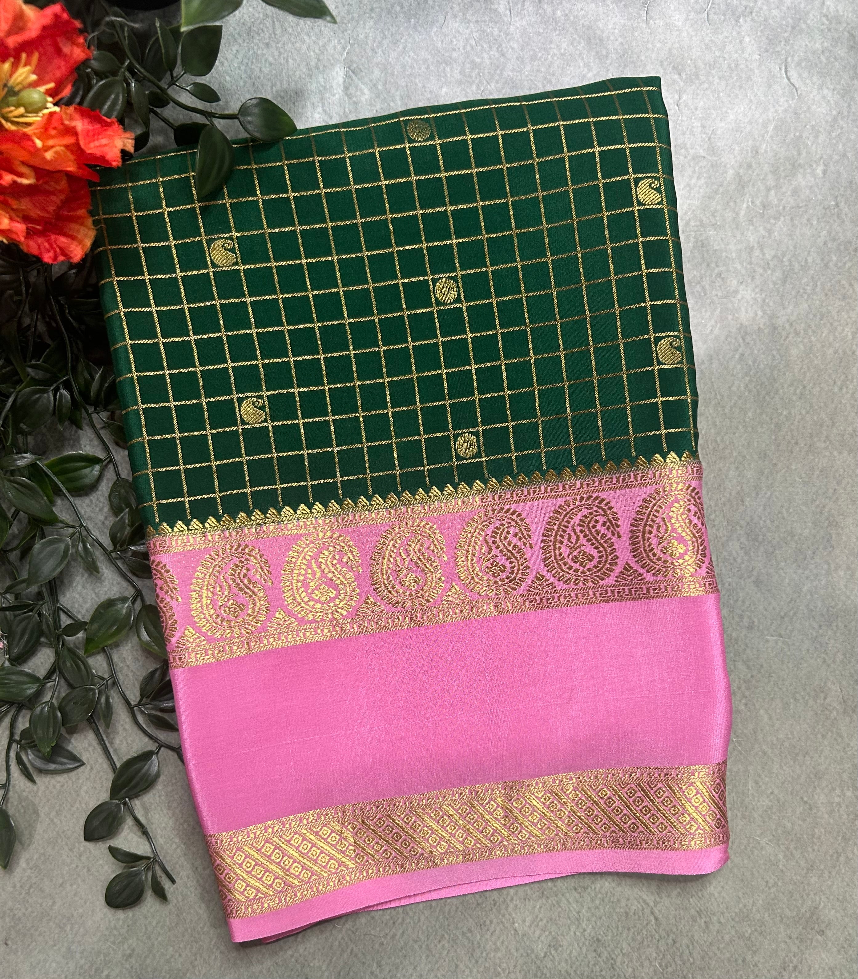 Bottle green small checks pure Mysore silk 105 saree