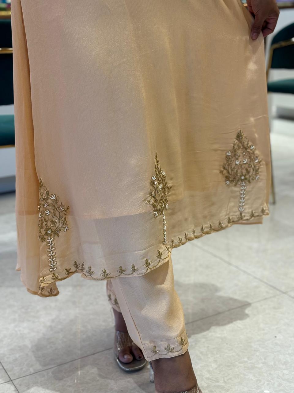 Cream Chinnon Hand Embroidery Airline Kurtha 673