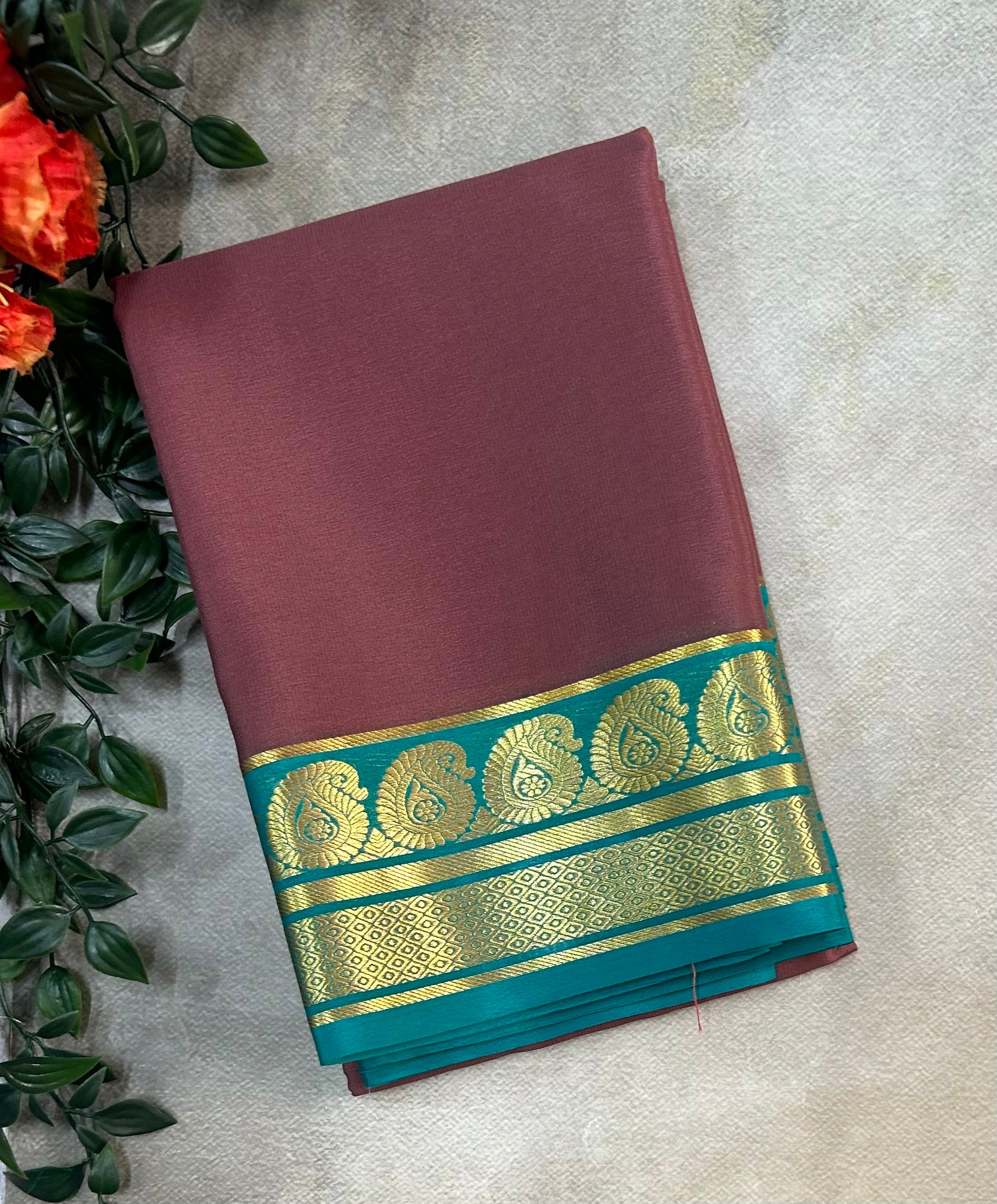 Light brown n Rama green pure Mysore silk saree