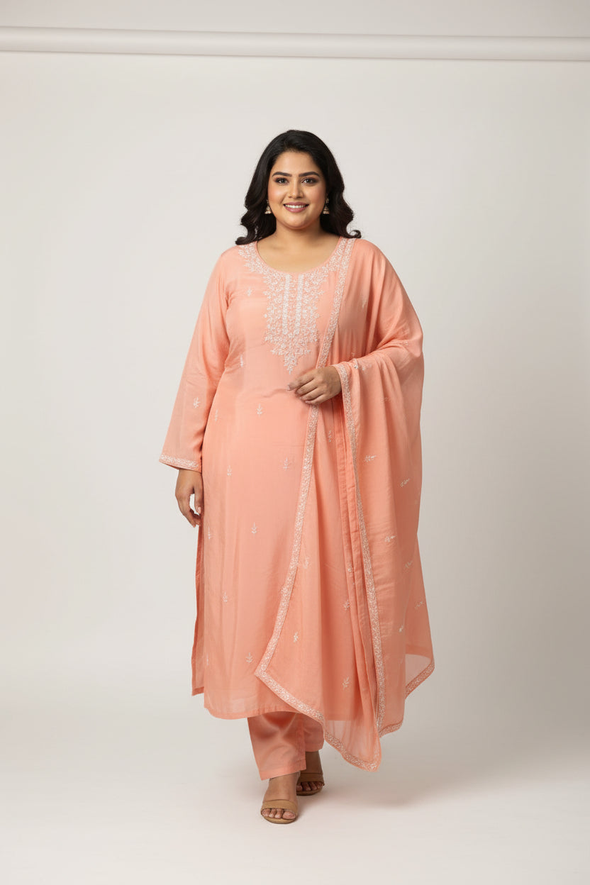 Beige Crepe Thread Embroidery Airline Plus Size Kurtha
