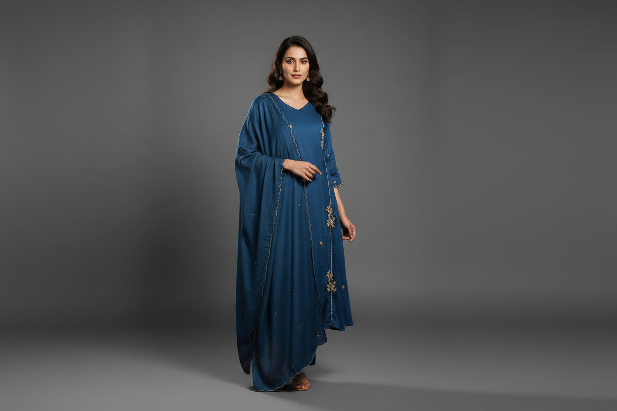 Dark Blue Chinnon Hand Embroidery Airline Kurtha 555