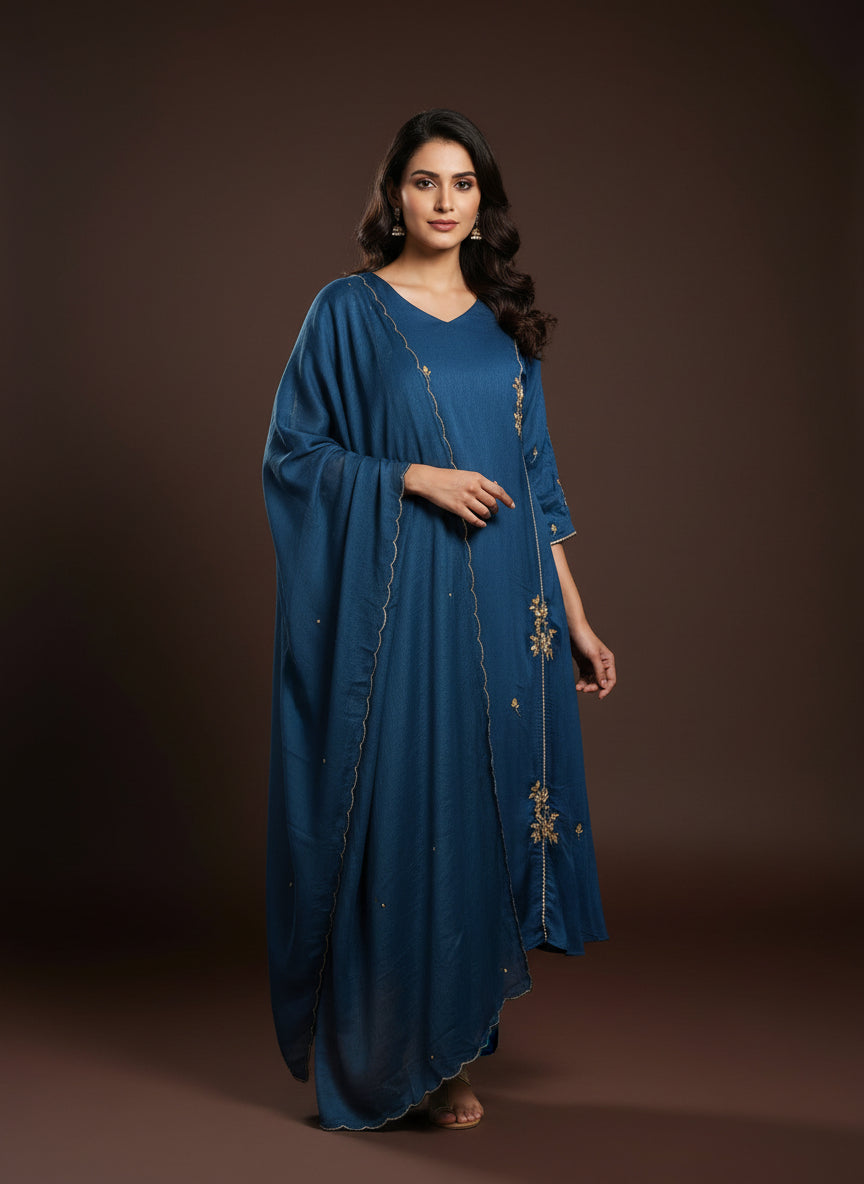 Dark Blue Chinnon Hand Embroidery Airline Kurtha 555