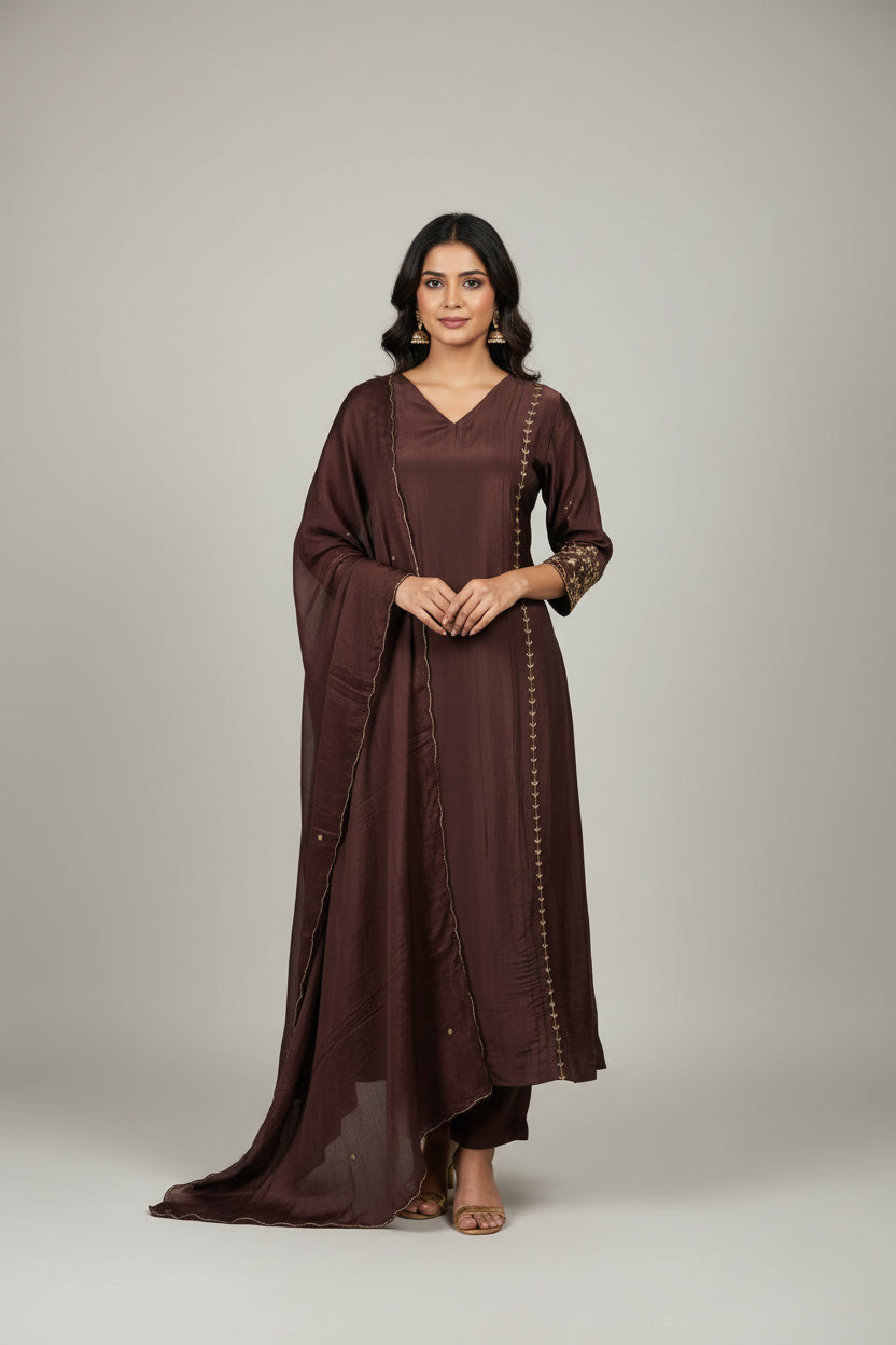 Brown Chinnon Hand Embroidery Airline Kurtha 673