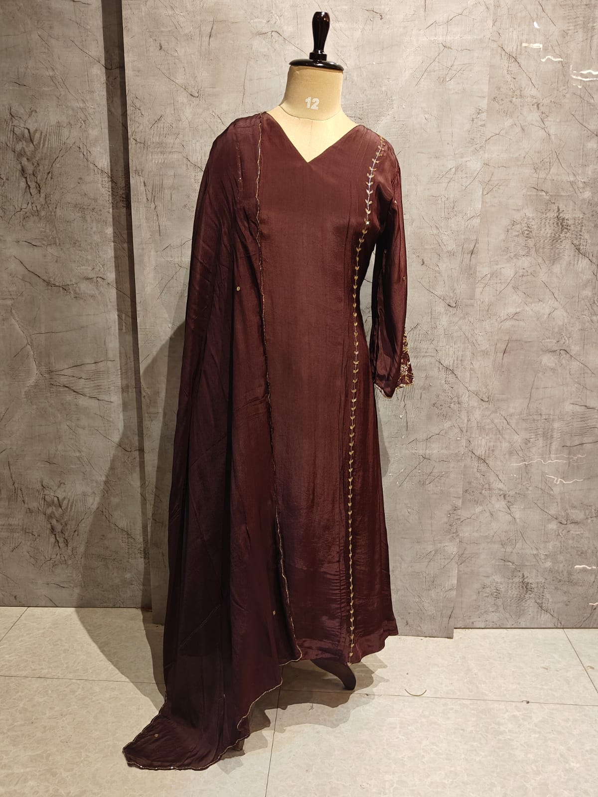 Brown Chinnon Hand Embroidery Airline Kurtha 673