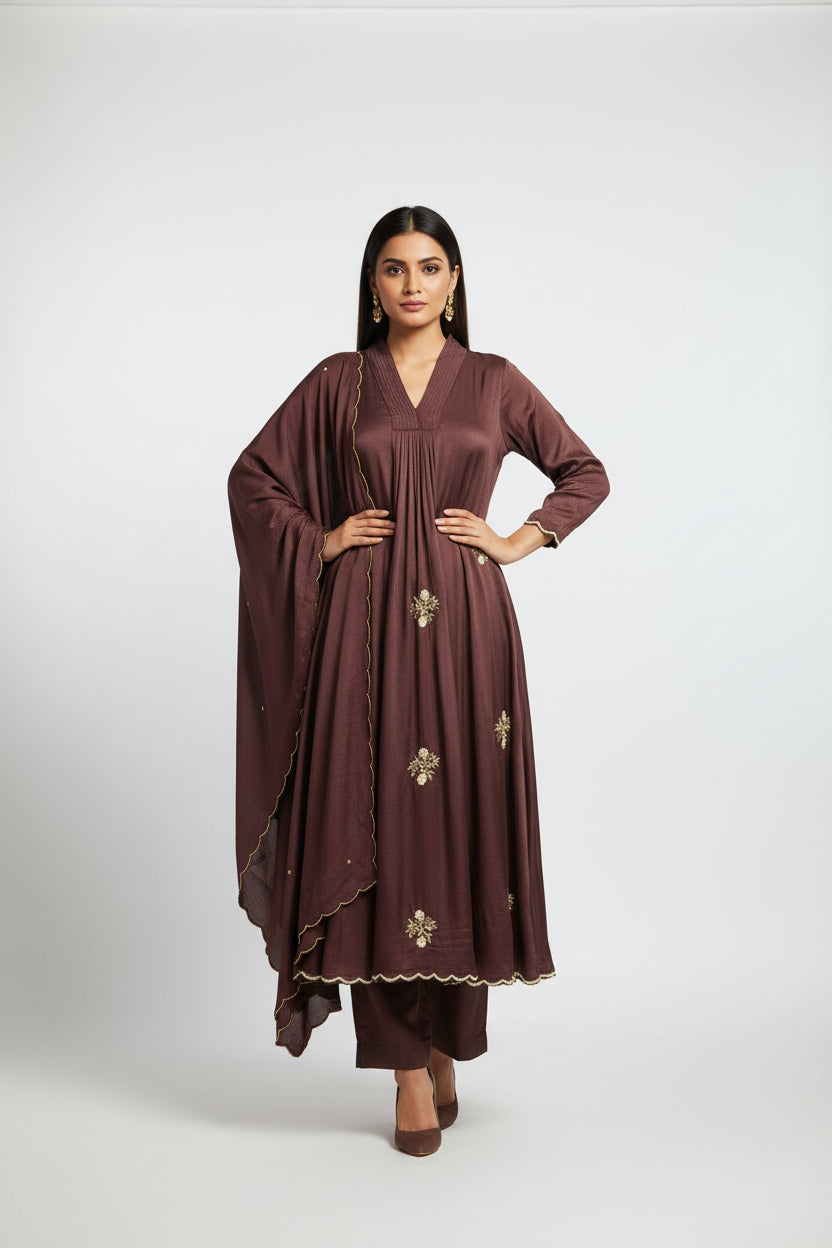 Brown Chinnon Hand Embroidery Airline Kurtha 291