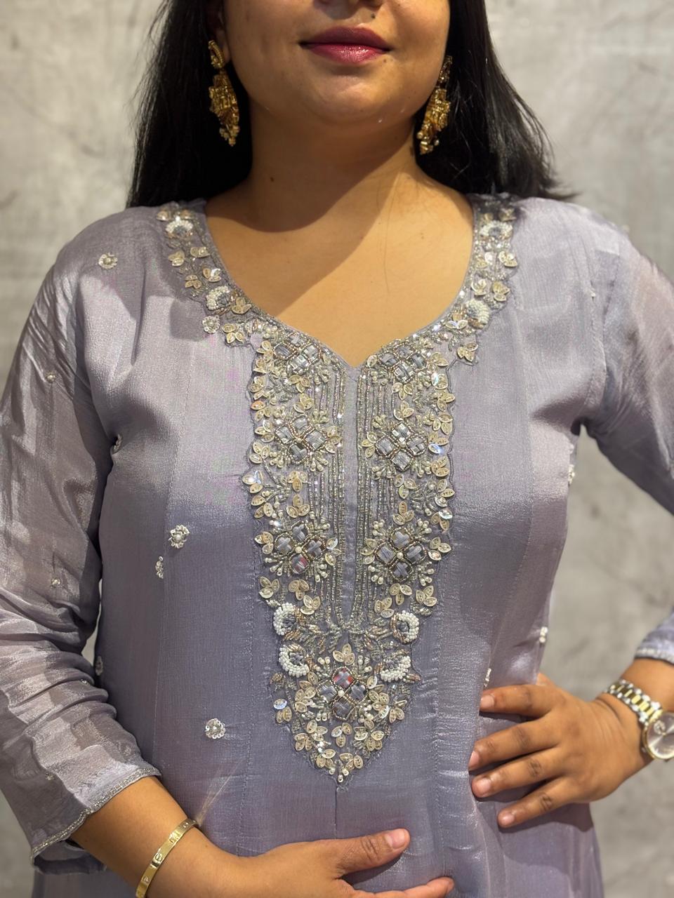 Lilac Anarkali Chinnon Hand Embroidery Kurtha 567