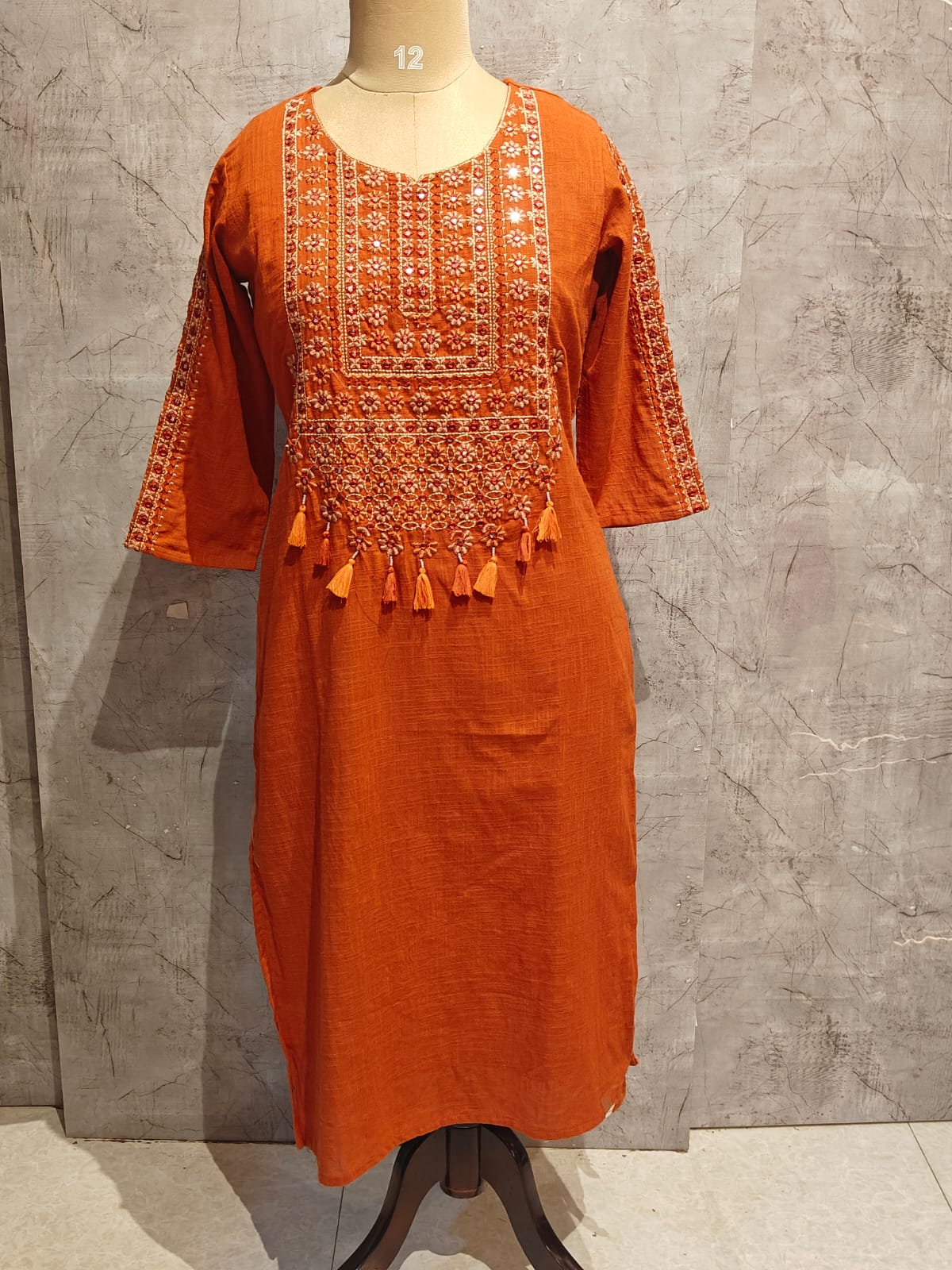 Orange Lenin Thread Embroidery Straight Fit Kurtha