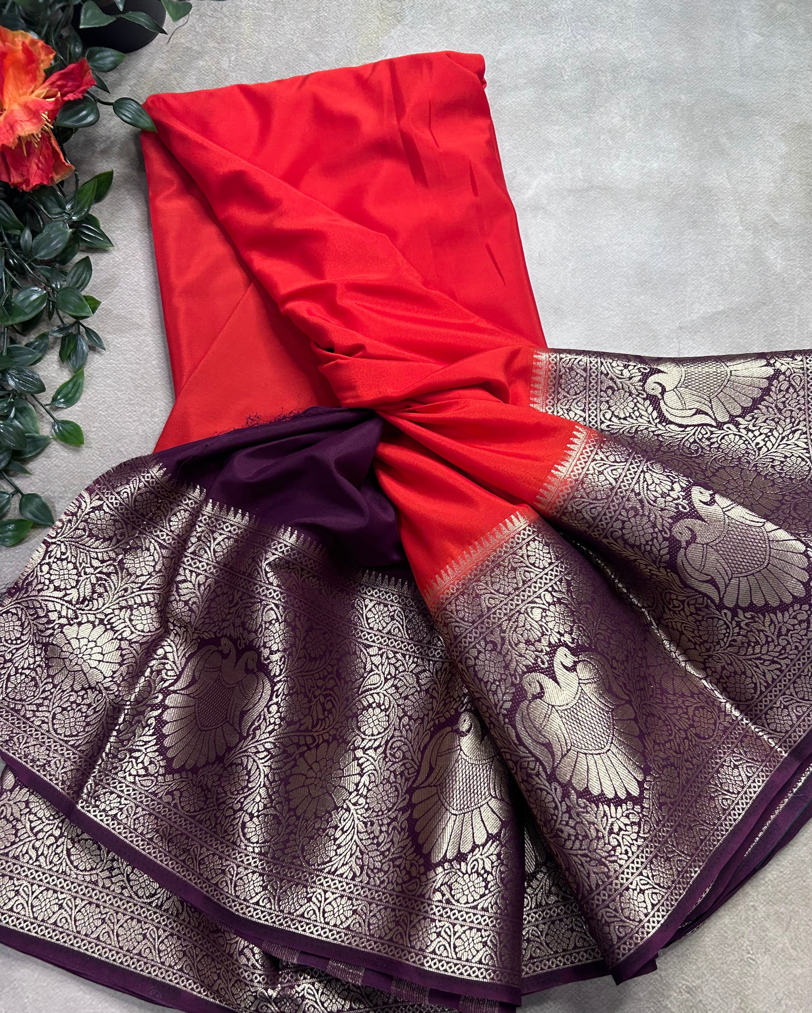 Orange contrast long border soft semi Mysore crepe 106 saree