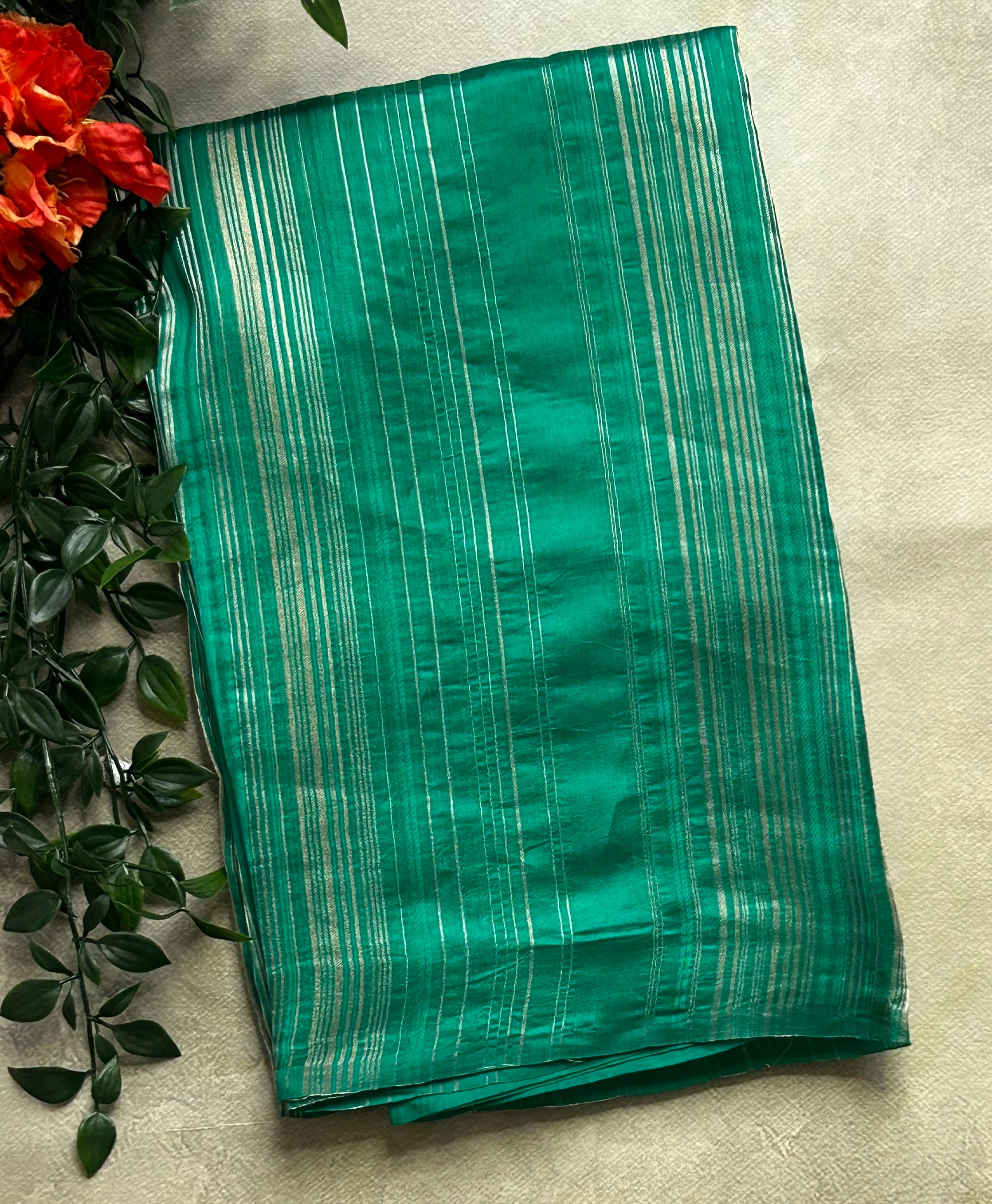 Light Rama green stripes pure organza tissue 103 saree