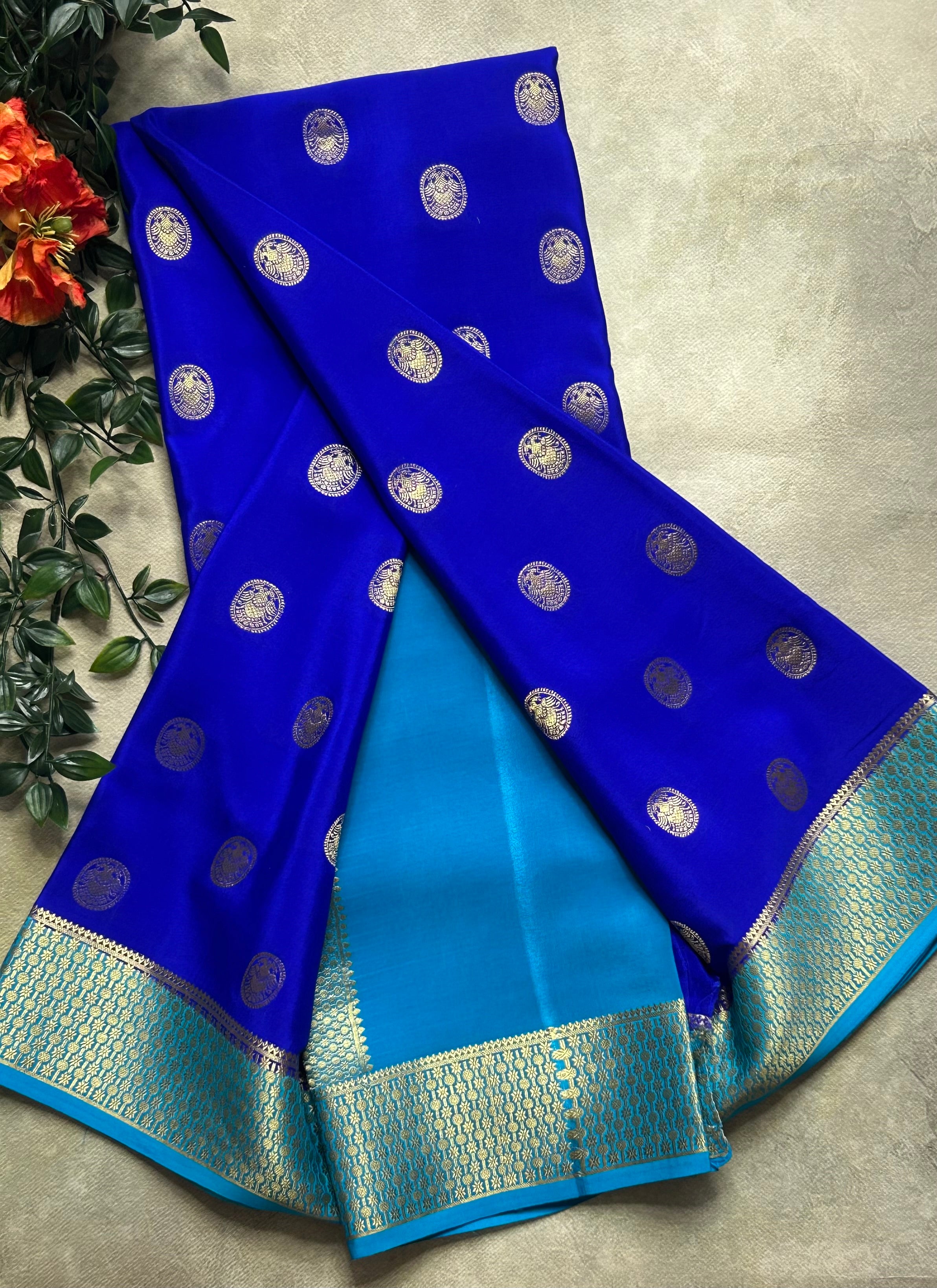Royal blue Gandaberunda small Butta pure Mysore silk-103 saree