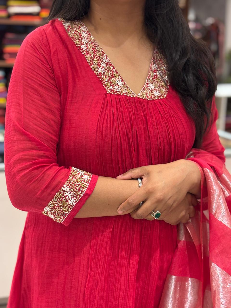 CHERRY RED Mul Chanderi Hand Embroidery Airline Kurtha 324