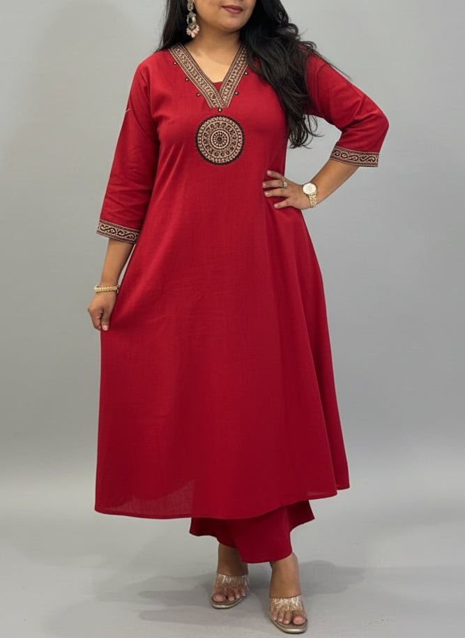 Red Cotton Hand Embroidery Cord Set Kurtha 661