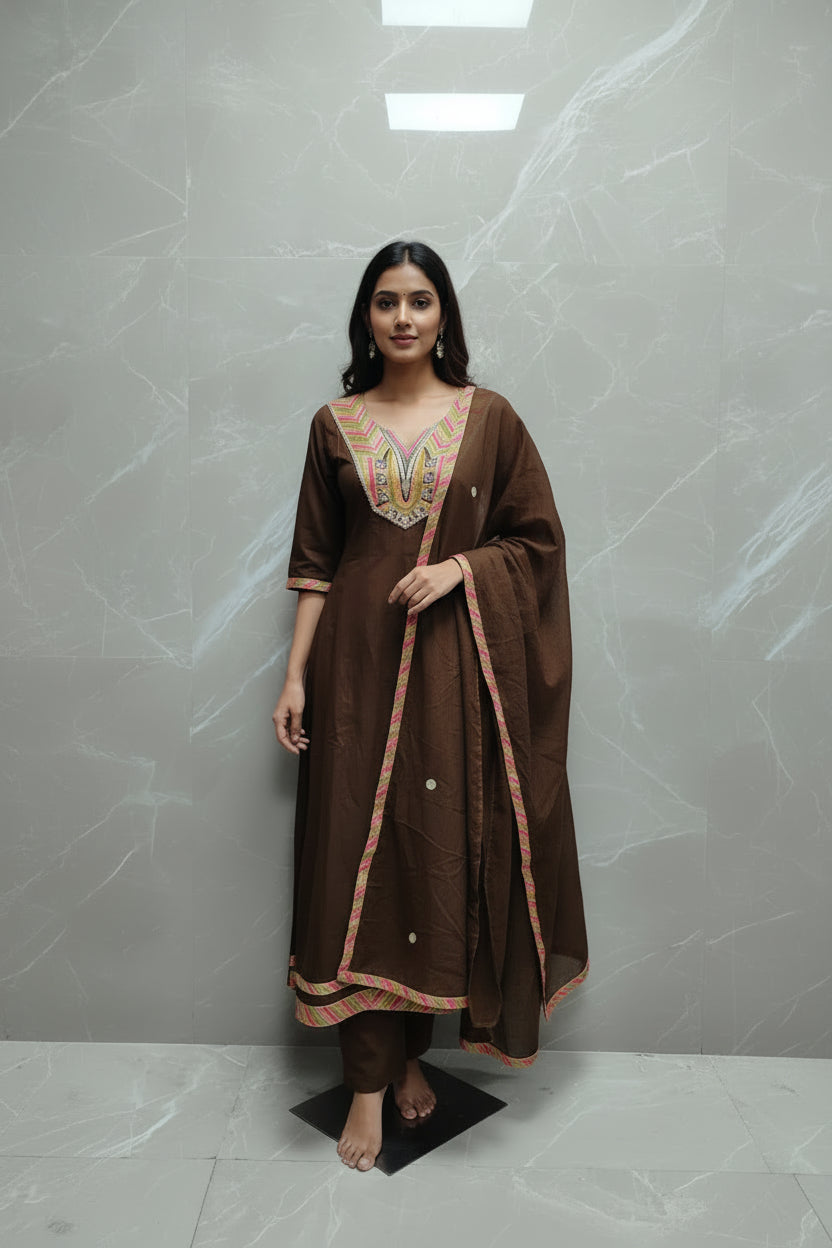 Brown Mul Cotton Block Print Anarkali Kurtha 837