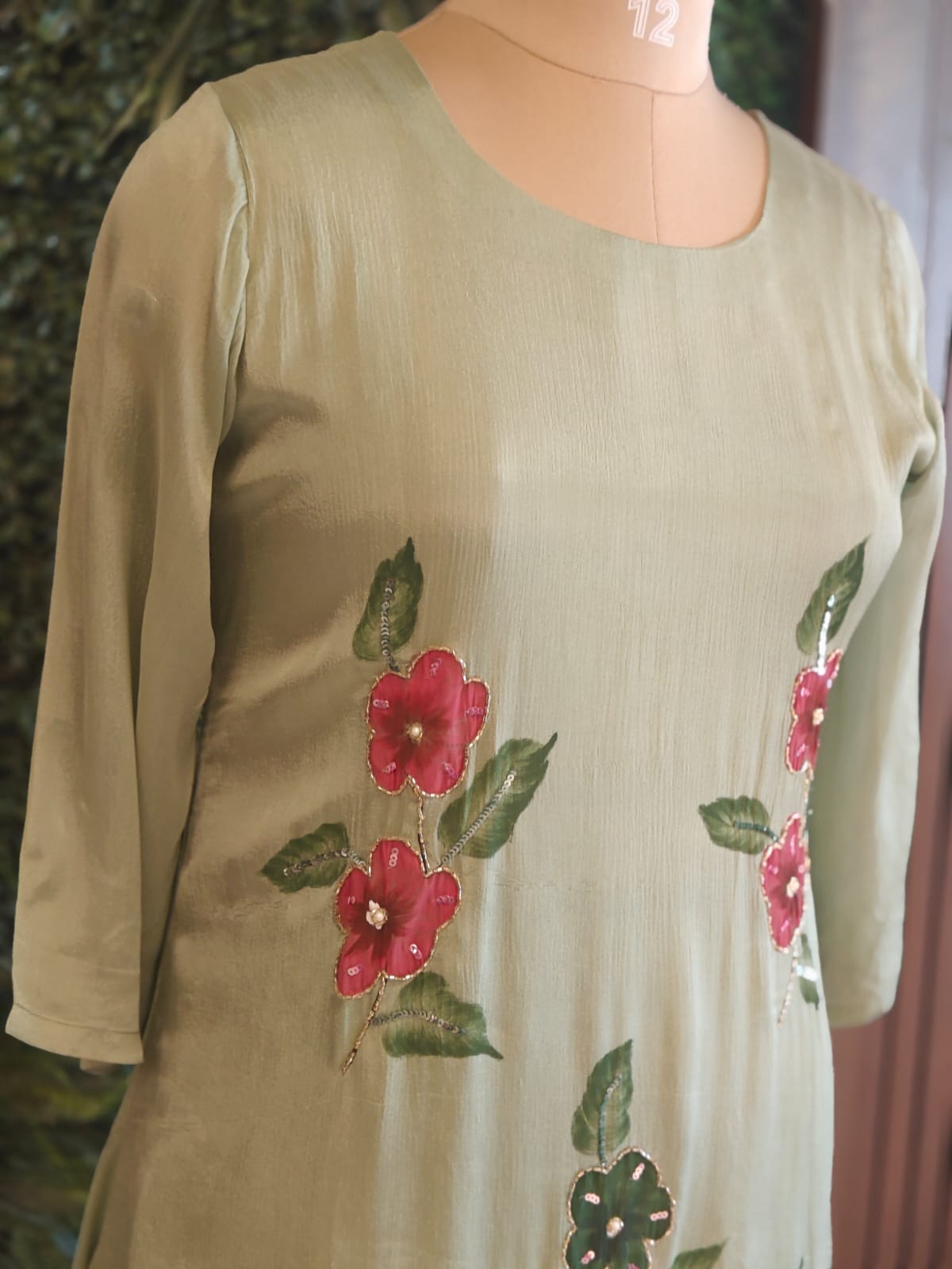Pista Green Hand Embroidery Crepe Airline Kurtha 765