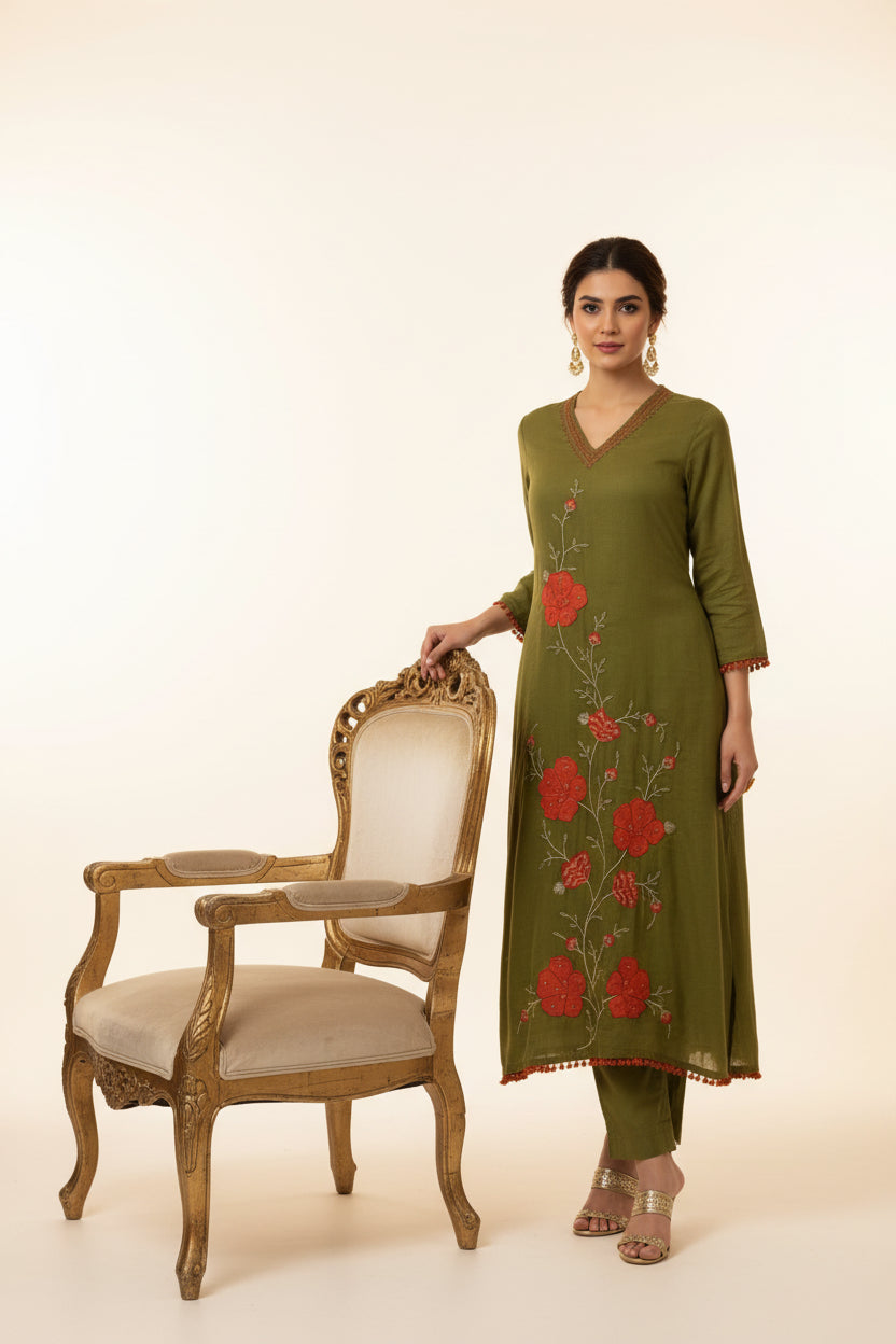 Green  mul Cotton A Line Kurtha 389