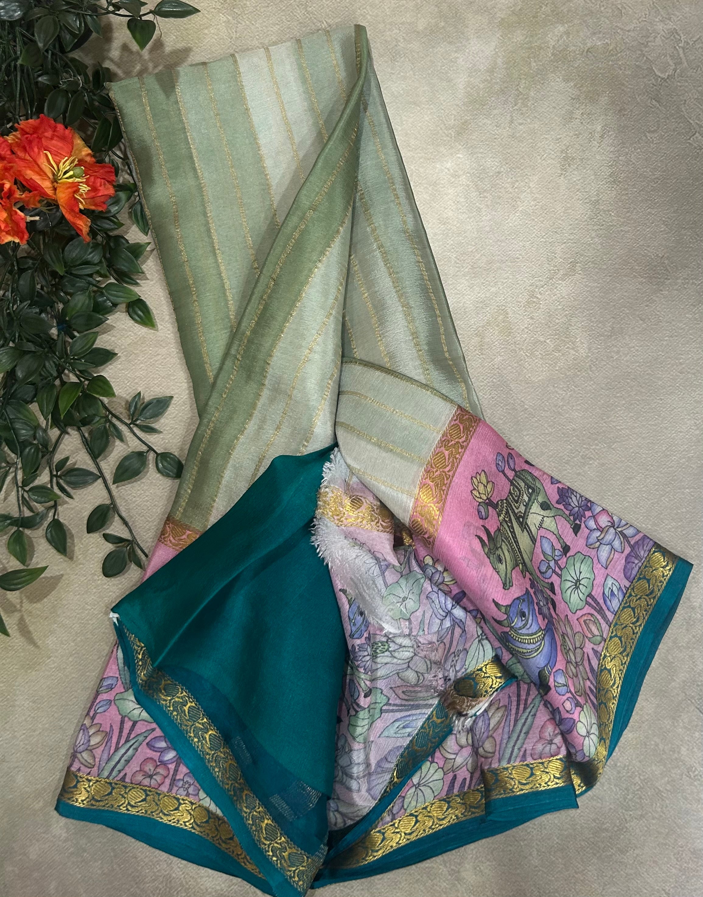 Rankart kalamkari border pure wrinkle 103 crepe silk saree