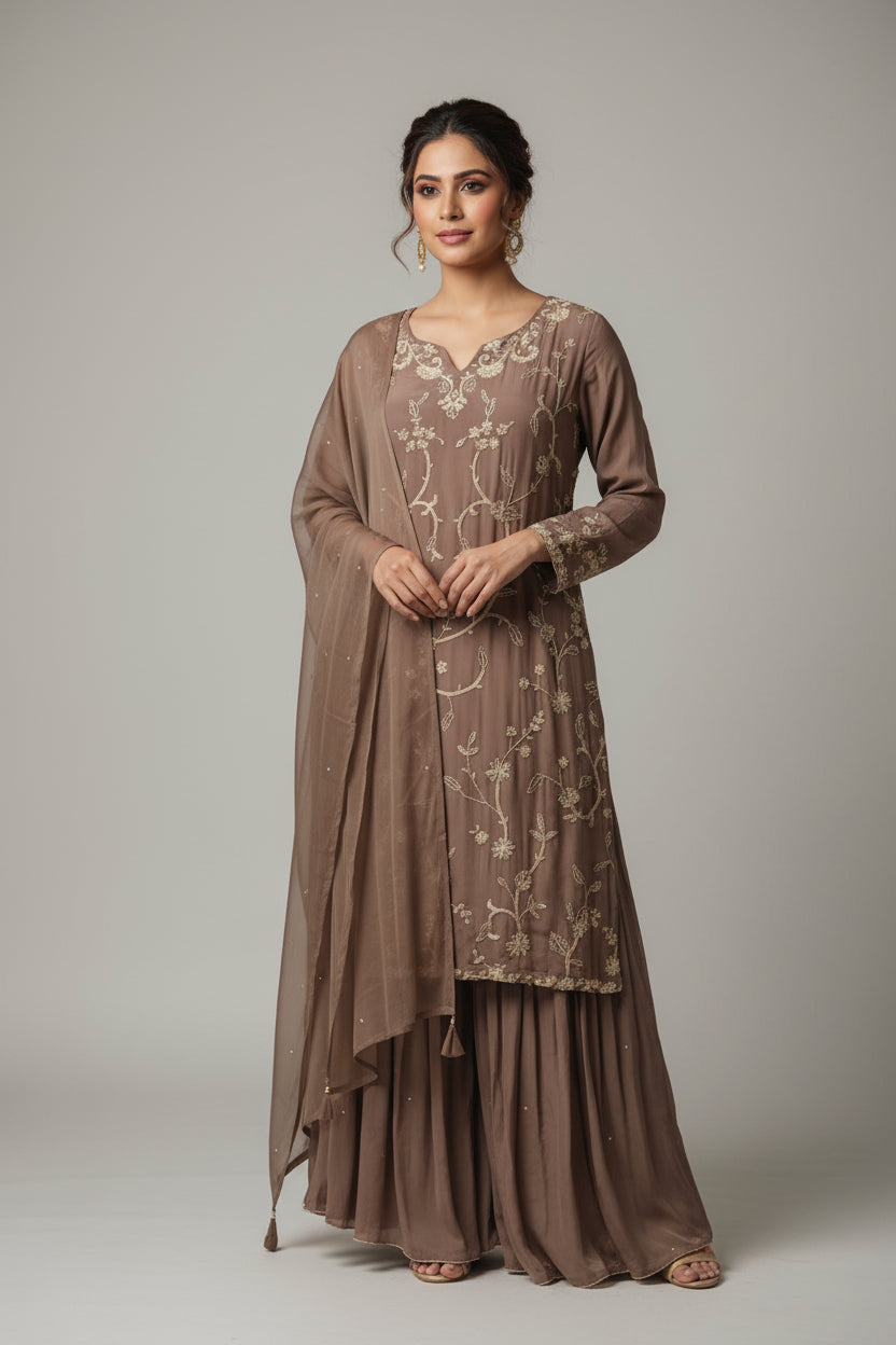Brown Chinnon Hand Embroidery Sharara Kurtha 301