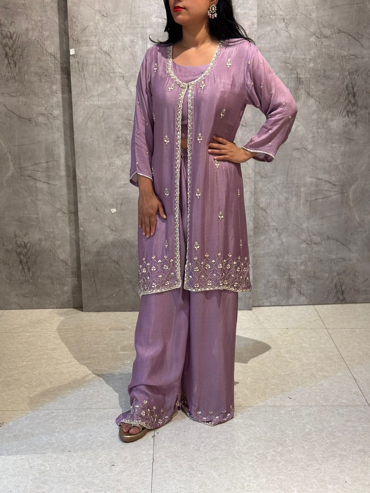 “Pari" Onion Pink Designer Kurtha 43 Set with Handwork Top, Palazoo and Jacket Indo-western capeh